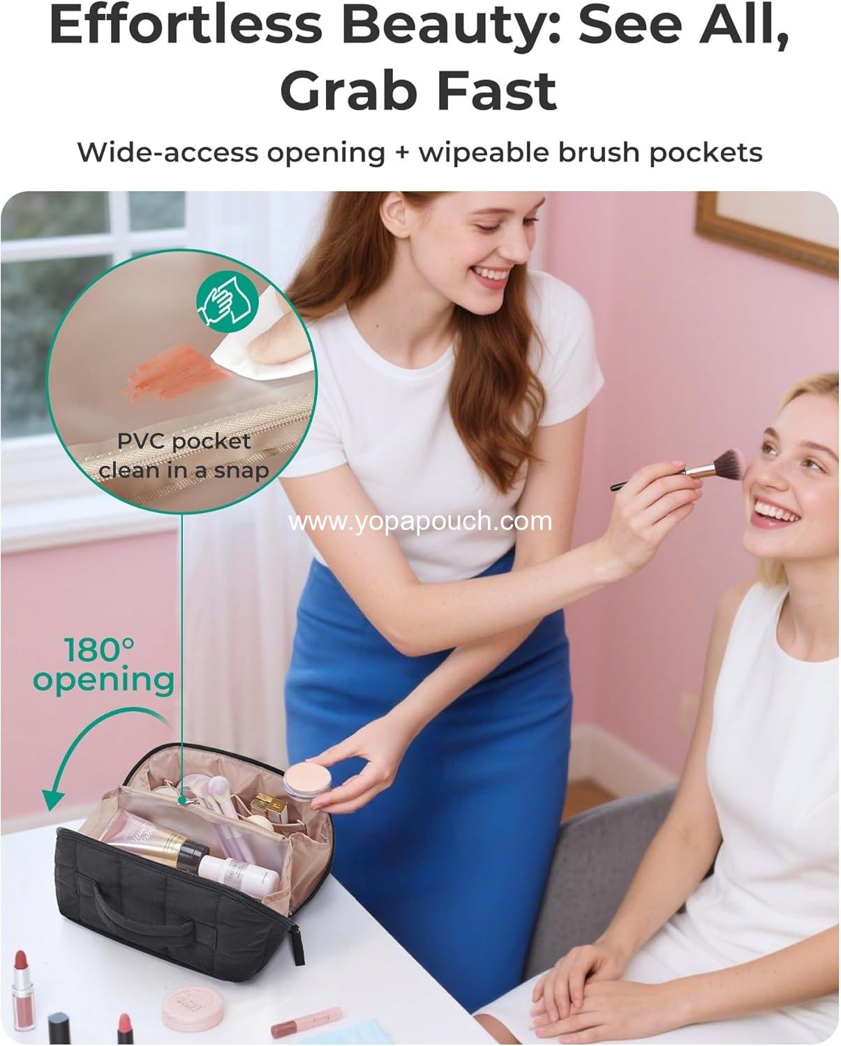 OEM Travel Makeup Bag for Women, Portable Water-resistant Cosmetic Case, Puffy Padded Organizer Pouch, Open Flat Toiletry Bag for Toiletries and Brushes, Pink, Supplier