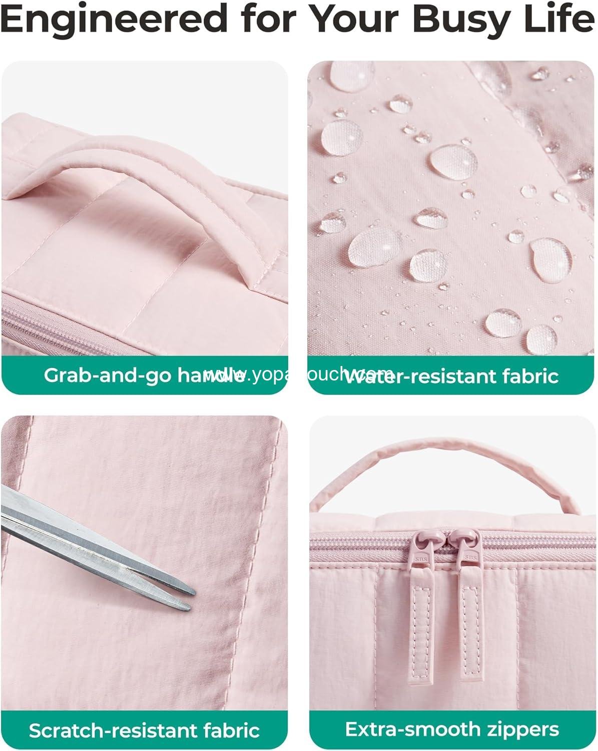 OEM Travel Makeup Bag for Women, Portable Water-resistant Cosmetic Case, Puffy Padded Organizer Pouch, Open Flat Toiletry Bag for Toiletries and Brushes, Pink, Supplier