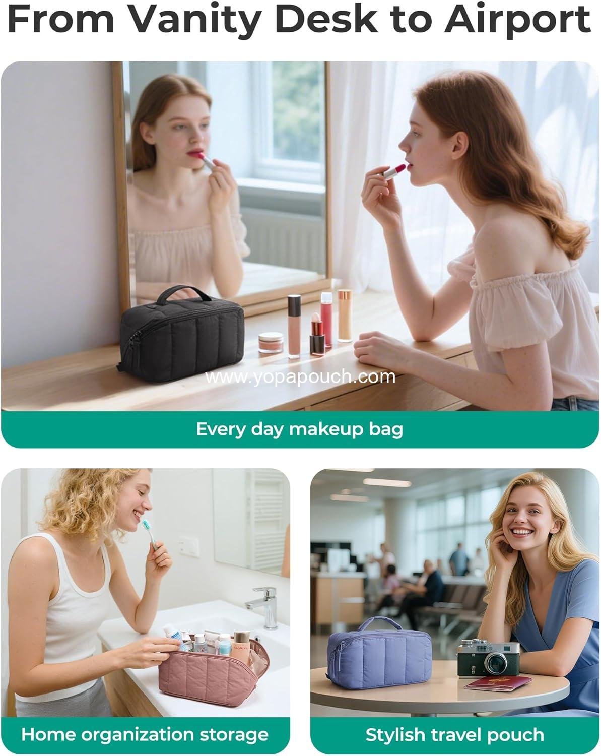 OEM Travel Makeup Bag for Women, Portable Water-resistant Cosmetic Case, Puffy Padded Organizer Pouch, Open Flat Toiletry Bag for Toiletries and Brushes, Pink, Supplier