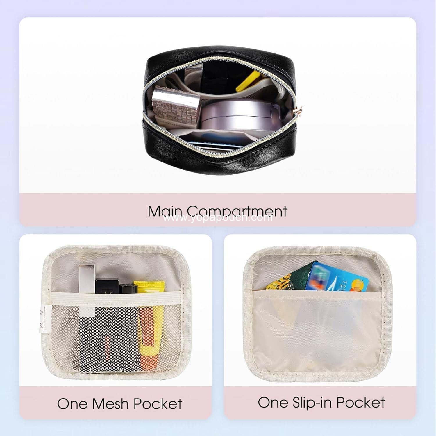 OEM Small Makeup Bag for Purse Mini Cosmetic Pouch with Slip-in Pockets Eco Vegan Leather, Cute Black - Supplier