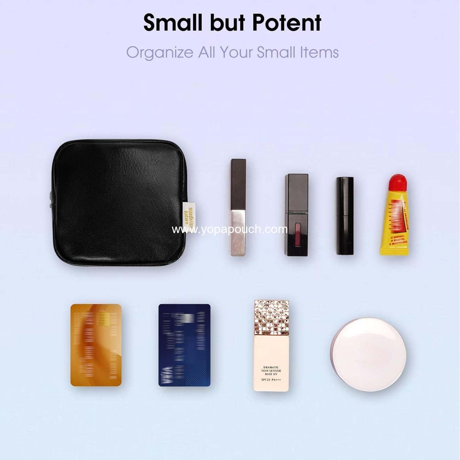 OEM Small Makeup Bag for Purse Mini Cosmetic Pouch with Slip-in Pockets Eco Vegan Leather, Cute Black - Supplier