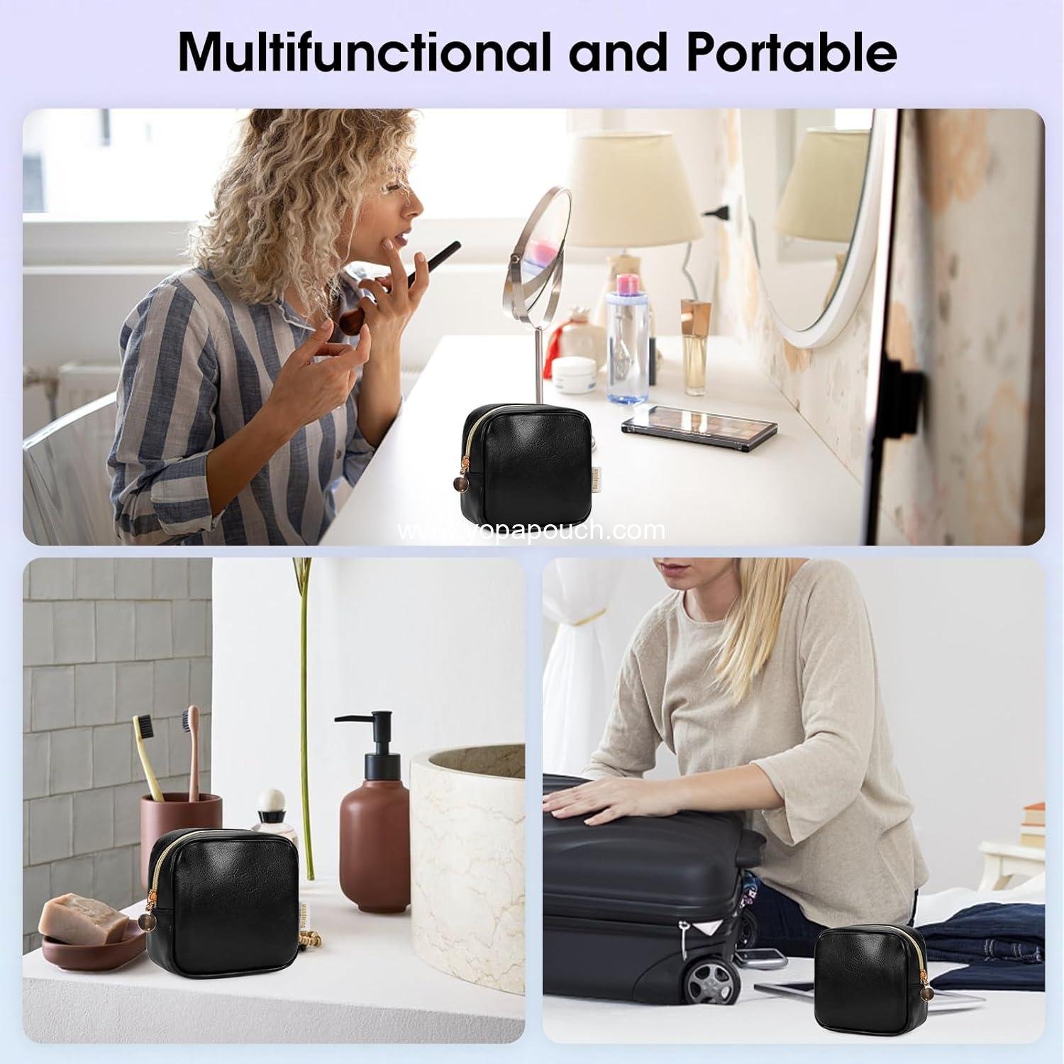 OEM Small Makeup Bag for Purse Mini Cosmetic Pouch with Slip-in Pockets Eco Vegan Leather, Cute Black - Supplier