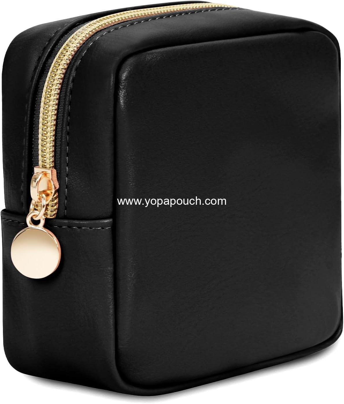 Wandering Nature Small Makeup Bag for Purse Mini Make up Pouch Cute Cosmetic Pouch for Women with Slip-in Pockets Eco Vegan Leather, Black