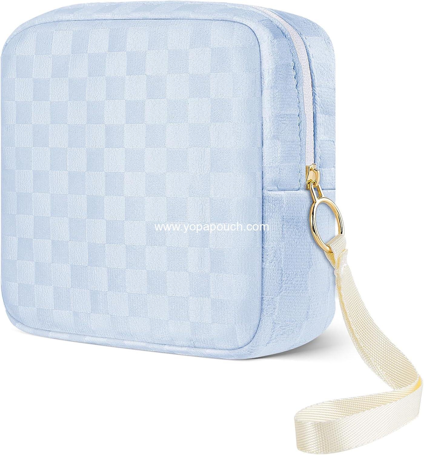Upgraded 5.3" Checkered Mini Makeup Bag, Blue Small Cosmetics Bag for Purse, Portable Small Makeup Pouch with Wrist Strap, Thickened Travel Mini Toiletry Bag for Womens Girls