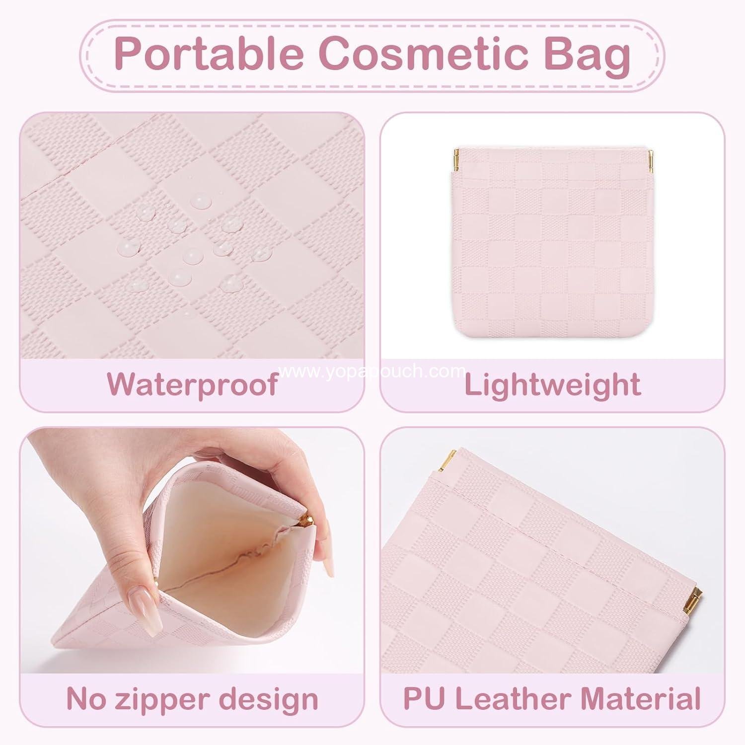 Wholesale Mini Waterproof Cosmetic Bags for Women, Checkered Self-Closing Pouches for Purse, Small Leather Lipstick and Coin Holder (Black, Pink) Supplier