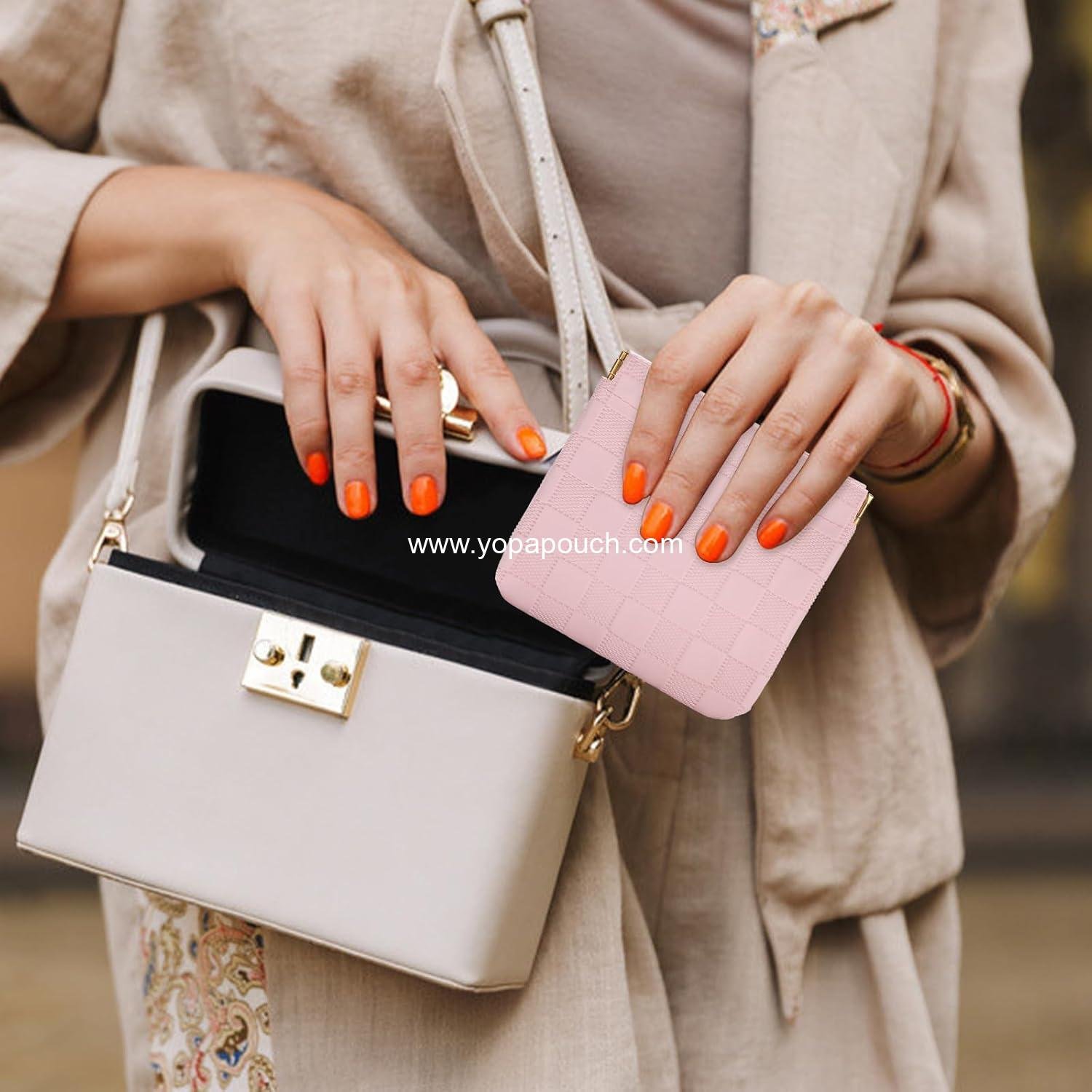 Wholesale Mini Waterproof Cosmetic Bags for Women, Checkered Self-Closing Pouches for Purse, Small Leather Lipstick and Coin Holder (Black, Pink) Supplier