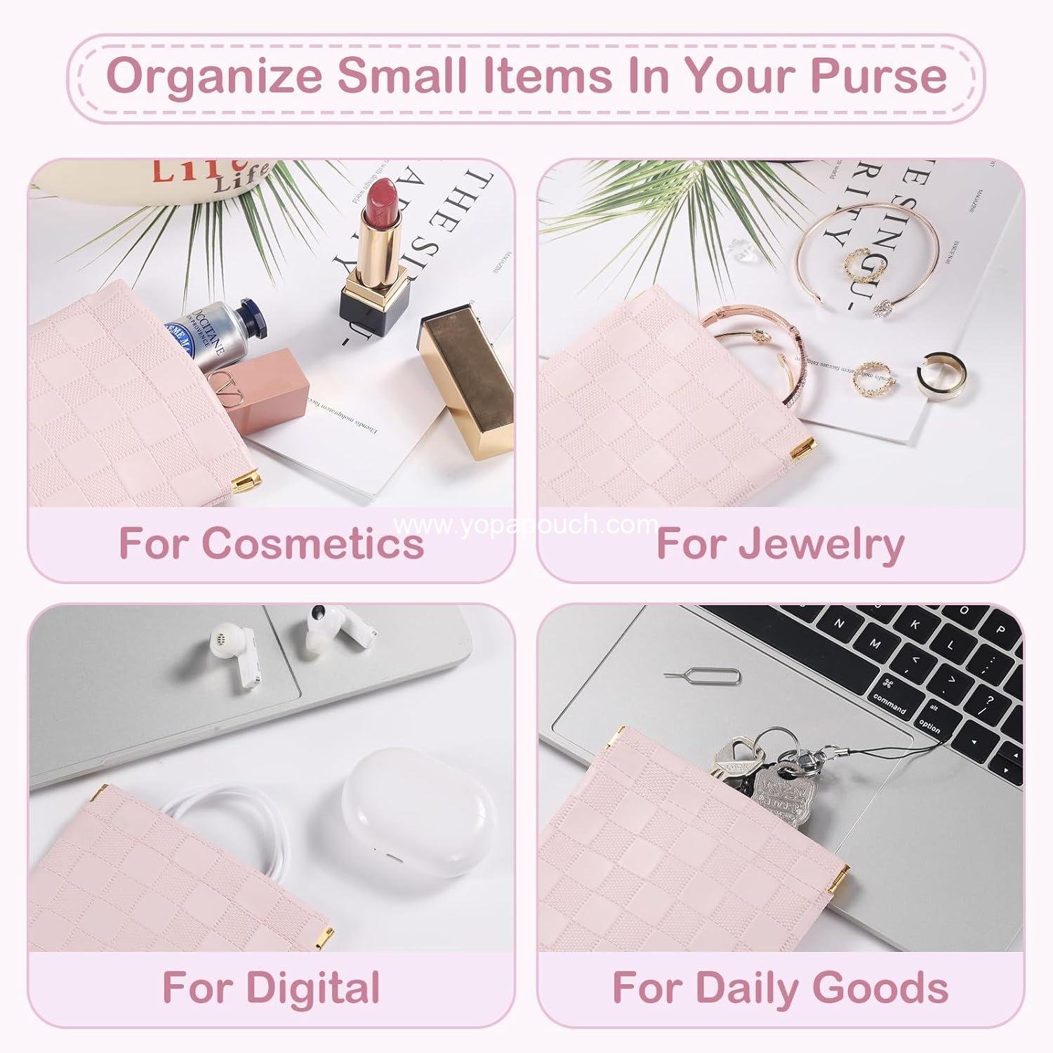 Wholesale Mini Waterproof Cosmetic Bags for Women, Checkered Self-Closing Pouches for Purse, Small Leather Lipstick and Coin Holder (Black, Pink) Supplier