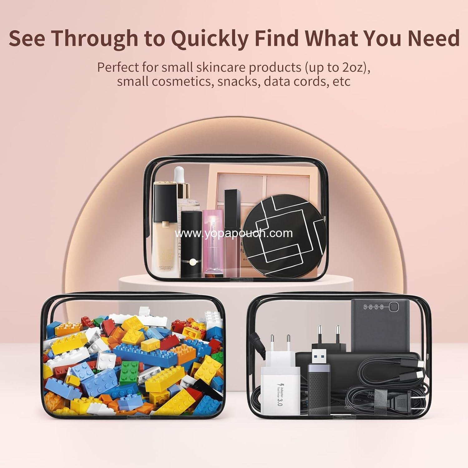 Wholesale 12 PCS Clear Makeup Bags with Zipper, TSA Approved Toiletry Pouches, Cosmetic Bag Set for Travel Organizer Essentials - Black, Medium, Supplier