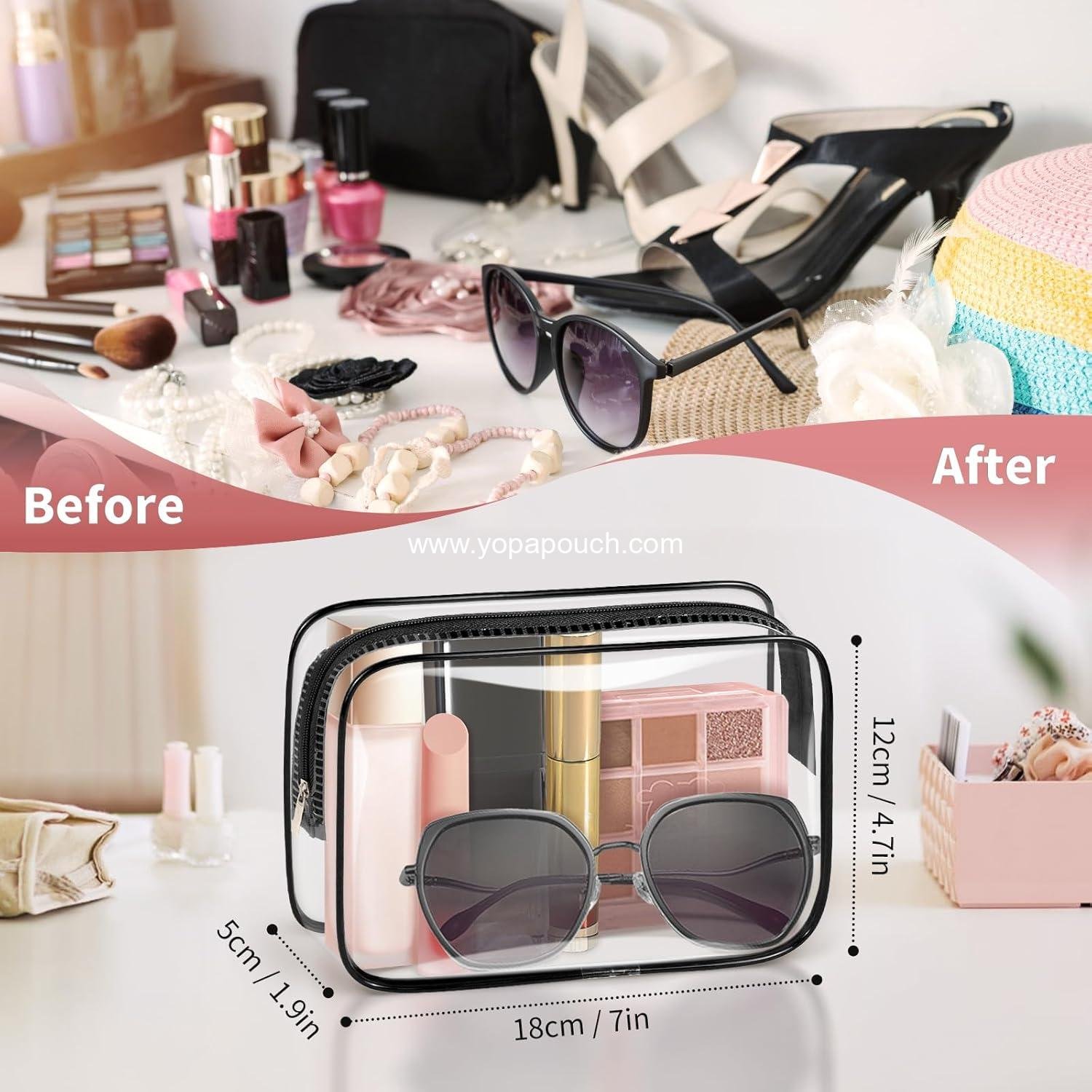 Wholesale 12 PCS Clear Makeup Bags with Zipper, TSA Approved Toiletry Pouches, Cosmetic Bag Set for Travel Organizer Essentials - Black, Medium, Supplier