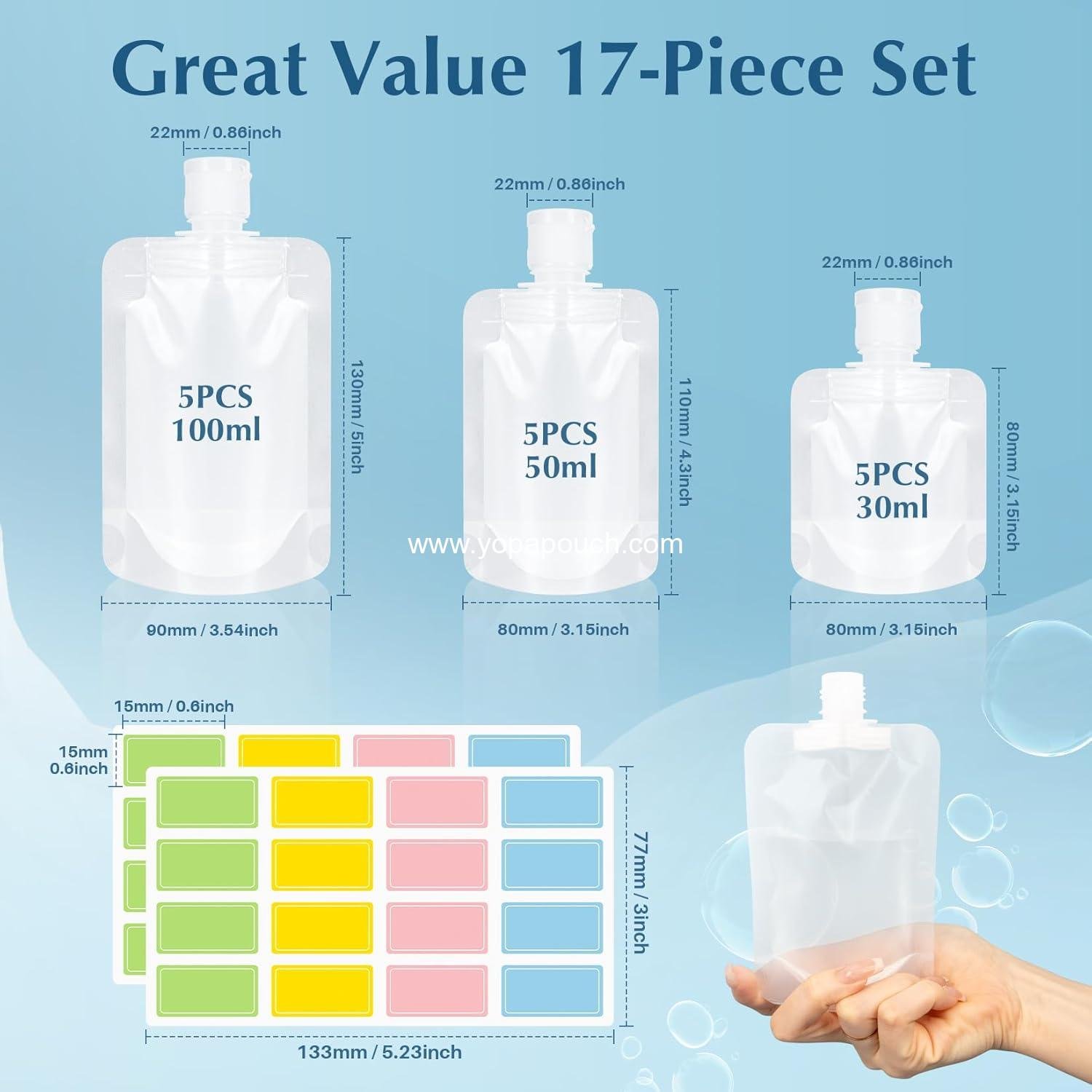 Wholesale 17-Pack Travel Pouches for Toiletries - Leak Proof Portable Liquid Pouch, Stand Up Refillable Travel Pouches for Shampoo, Lotion, Body Wash, Mouthwash - 30/50/100ml Supplier