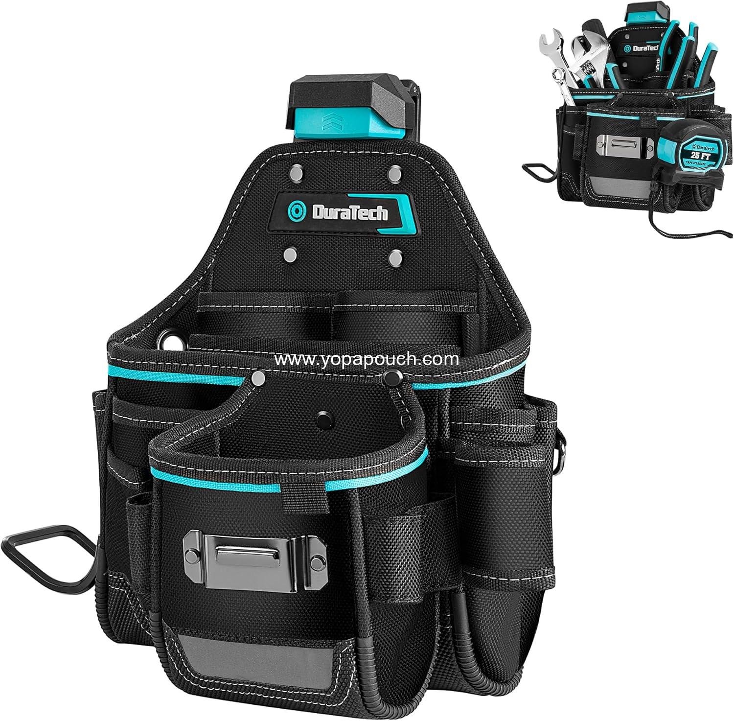 DuraTech Tool Pouch with Belt Clip, Electrician Tool Pouch with Tape Measure Holder & Hammer Loop, Quick Release Buckle, Expandable Support Frame, Ideal for Construction, Carpentry and Handyman Use