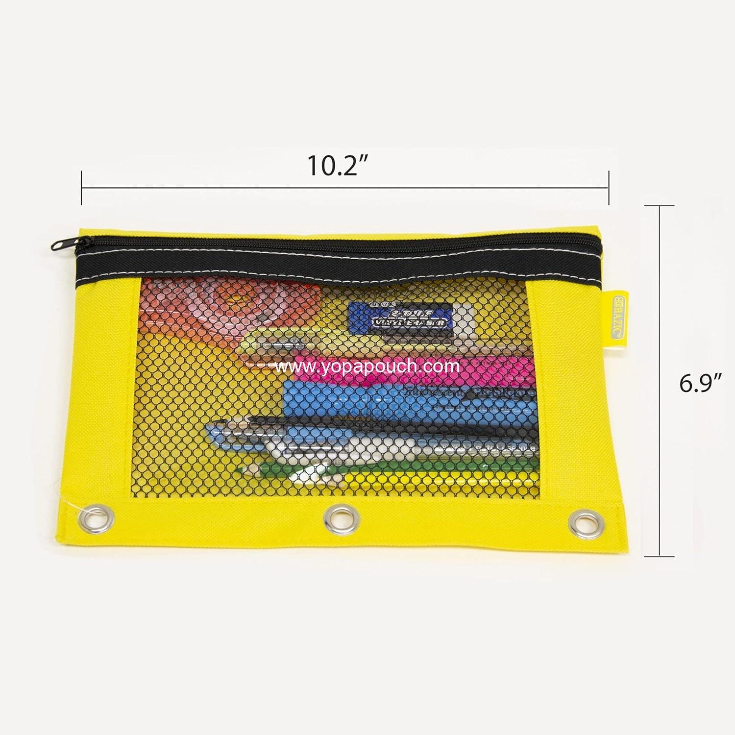 Wholesale 3-Ring Bright Color Pencil Pouch with Mesh Window, 24-Pack