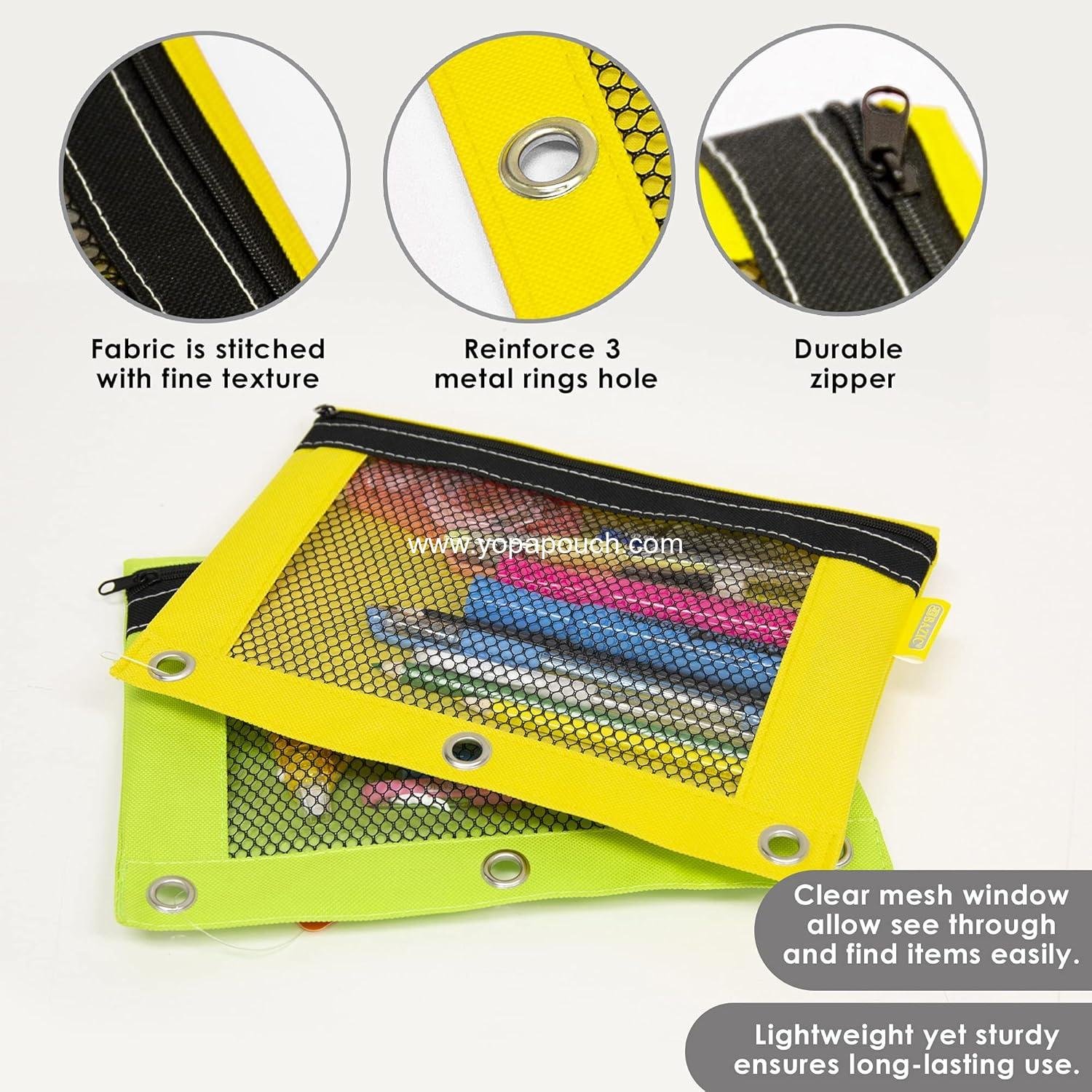 Wholesale 3-Ring Bright Color Pencil Pouch with Mesh Window, 24-Pack