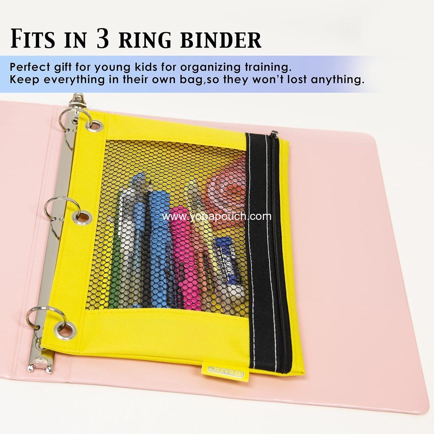 Wholesale 3-Ring Bright Color Pencil Pouch with Mesh Window, 24-Pack