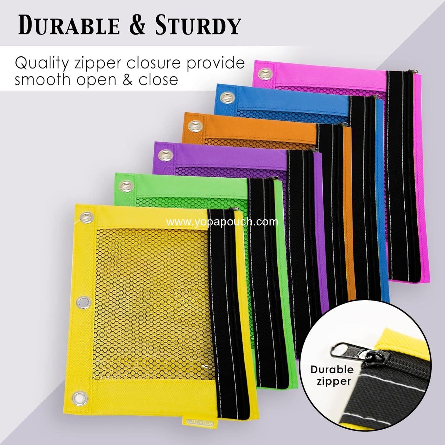 Wholesale 3-Ring Bright Color Pencil Pouch with Mesh Window, 24-Pack