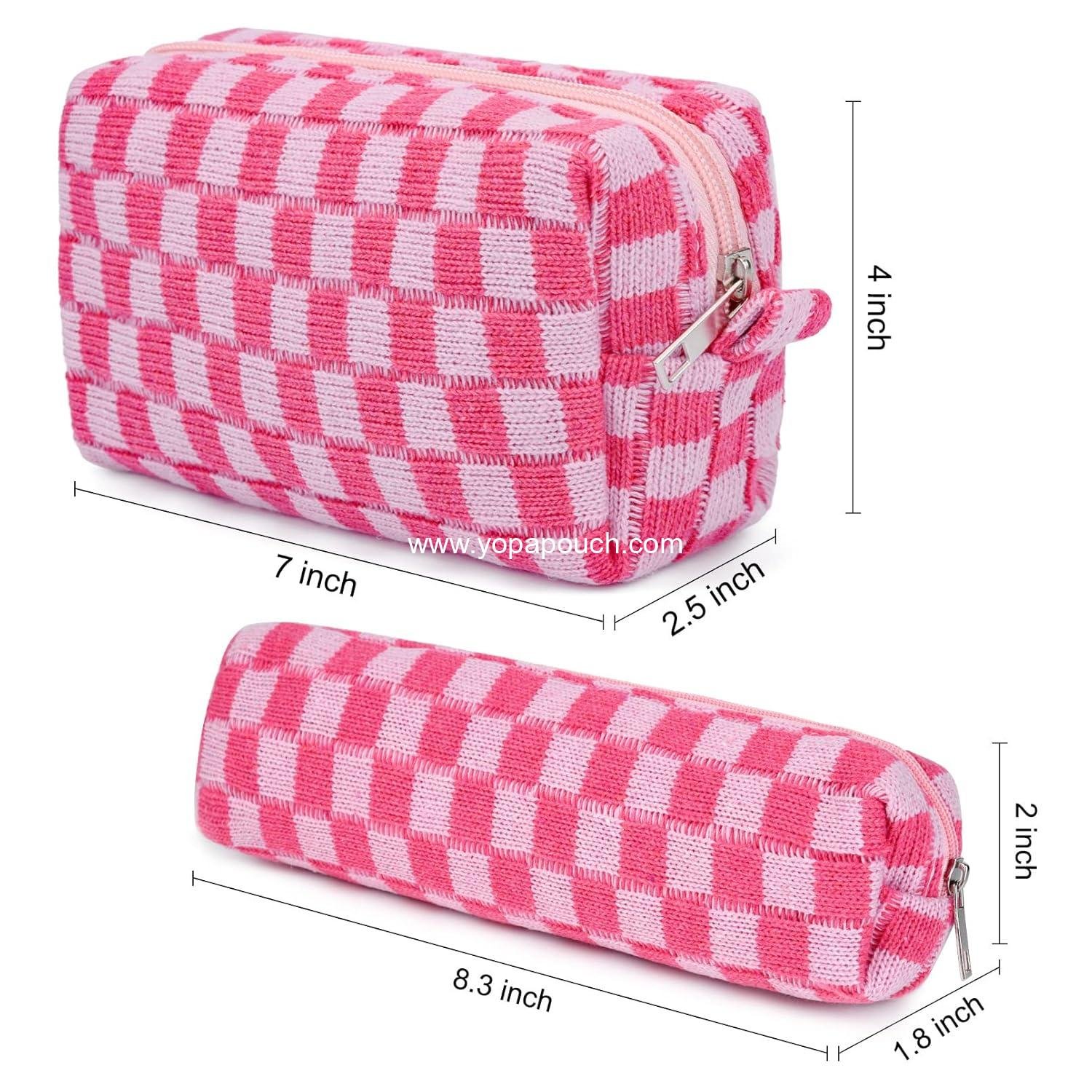 Wholesale Checkered Cosmetic Bag and Makeup Brush Storage - Pink Travel Toiletry Organizer 13x9 inches Supplier