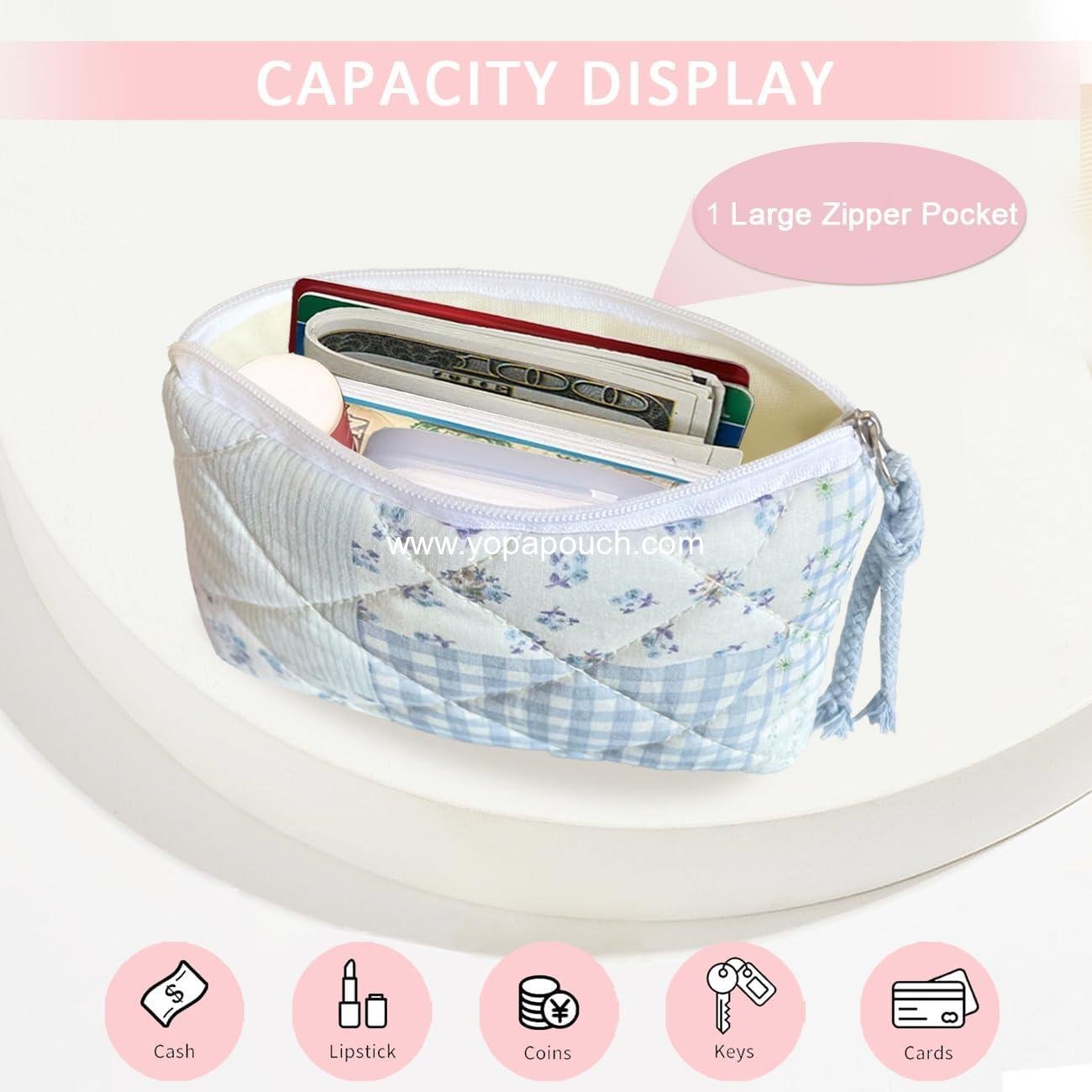 Wholesale Cotton Quilted Floral Coin Purse Digital Camera Pouch with Cute Prints Zipper for Women Girls (BLUE PATCH) - Supplier