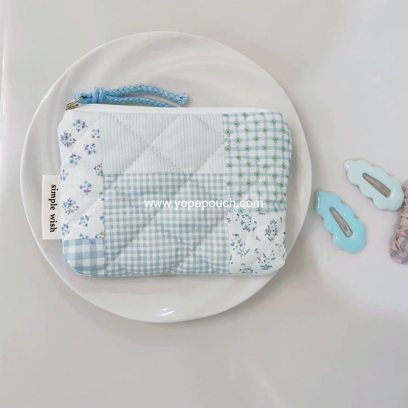 Wholesale Cotton Quilted Floral Coin Purse Digital Camera Pouch with Cute Prints Zipper for Women Girls (BLUE PATCH) - Supplier