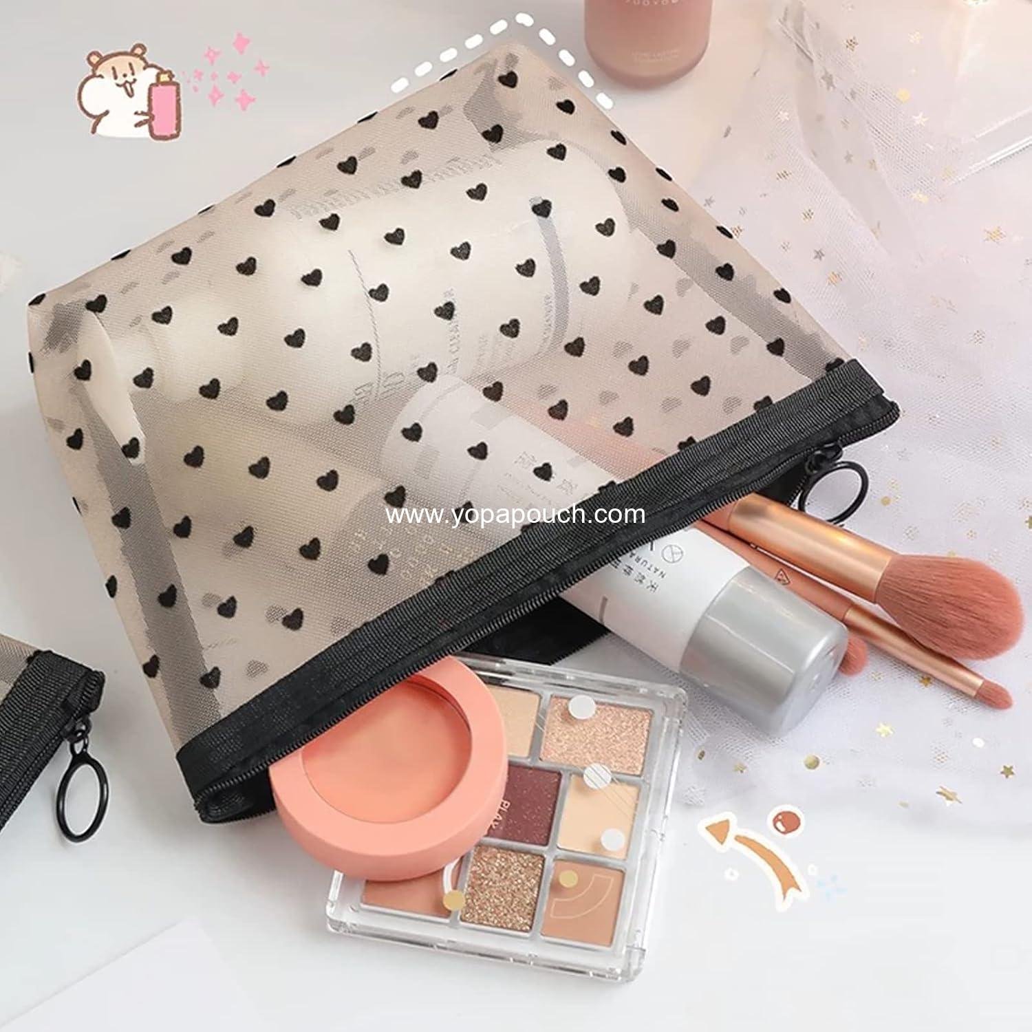 OEM Heart Print Mesh Makeup Bags - 4 Mini Cosmetic Pouches for Women, Zipper Travel Organizing Cases, Purse Makeup Bags, Pencil Case, Travel Accessories Supplier
