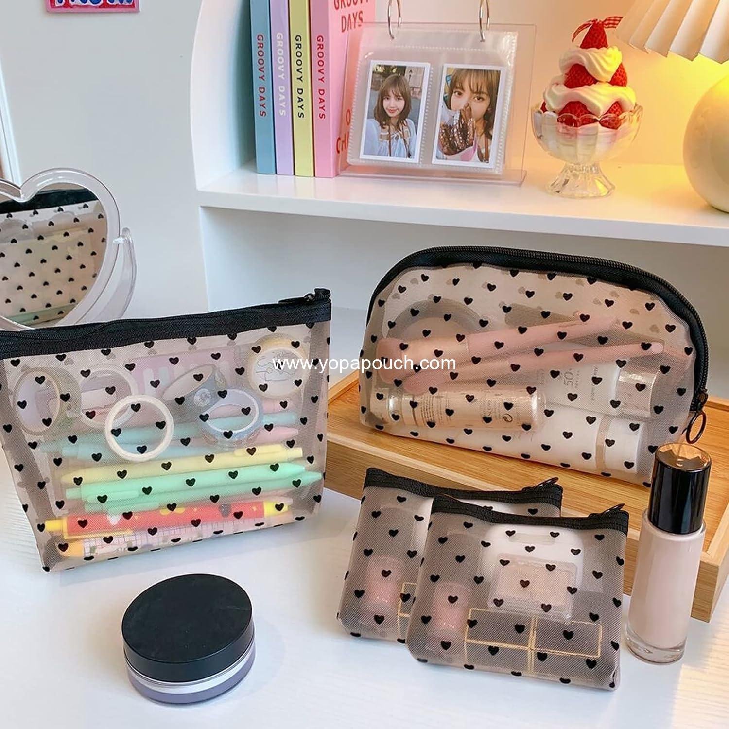 OEM Heart Print Mesh Makeup Bags - 4 Mini Cosmetic Pouches for Women, Zipper Travel Organizing Cases, Purse Makeup Bags, Pencil Case, Travel Accessories Supplier