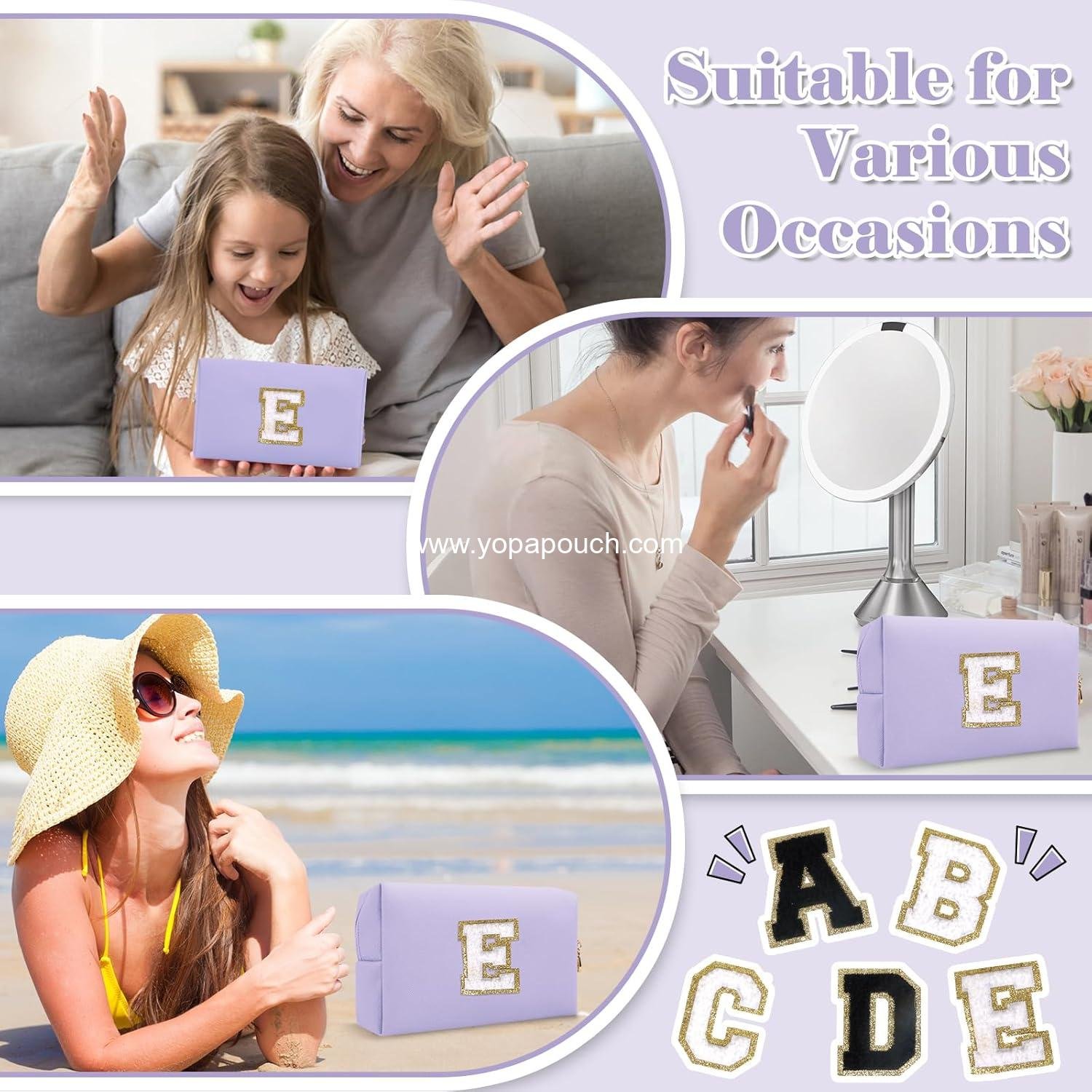 OEM Personalized Makeup Bag Initial A-Z Preppy Patch Small PU Leather Travel Cosmetic Pouch with Zipper, Purple Cute Toiletry Bag Ideal Gift for Teen Girls Women Birthday Friend Mom, Factory