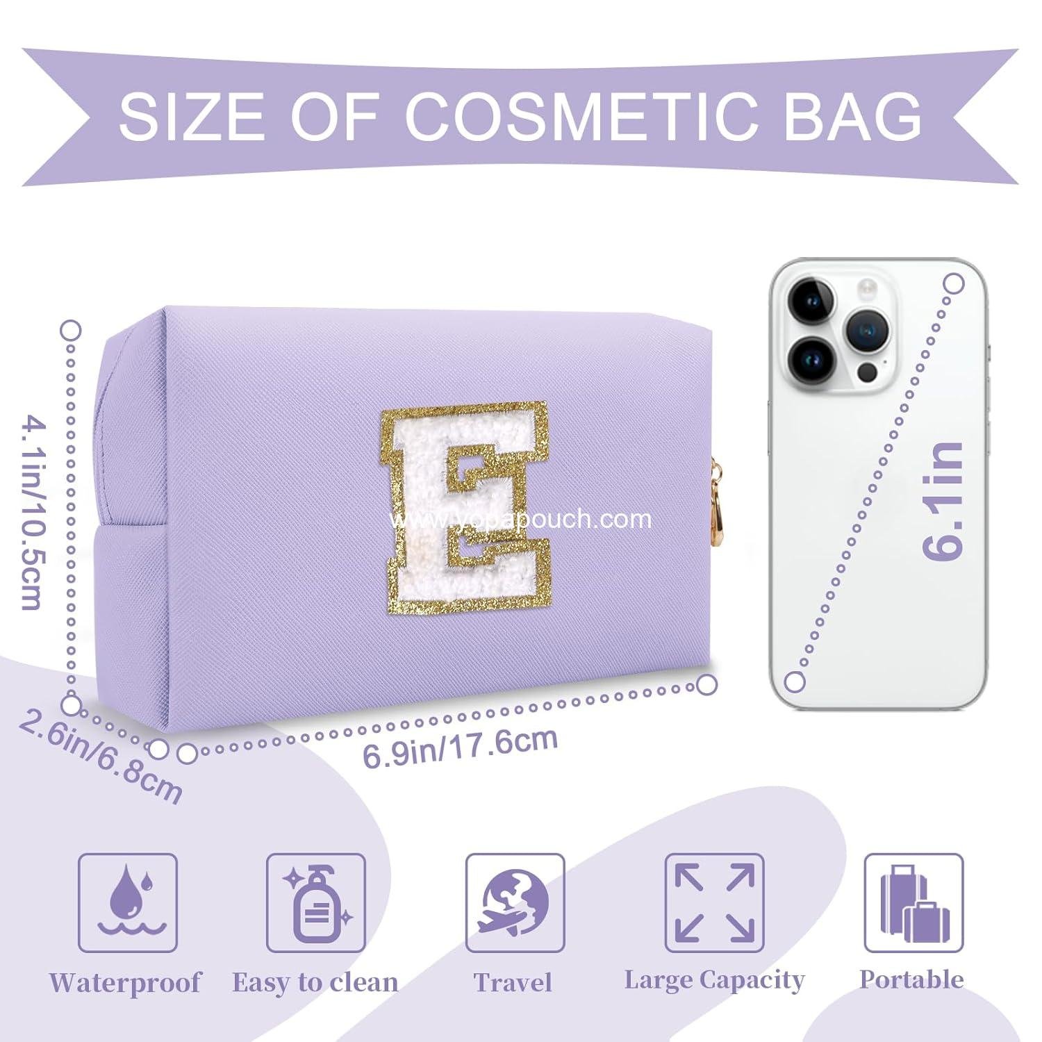 OEM Personalized Makeup Bag Initial A-Z Preppy Patch Small PU Leather Travel Cosmetic Pouch with Zipper, Purple Cute Toiletry Bag Ideal Gift for Teen Girls Women Birthday Friend Mom, Factory