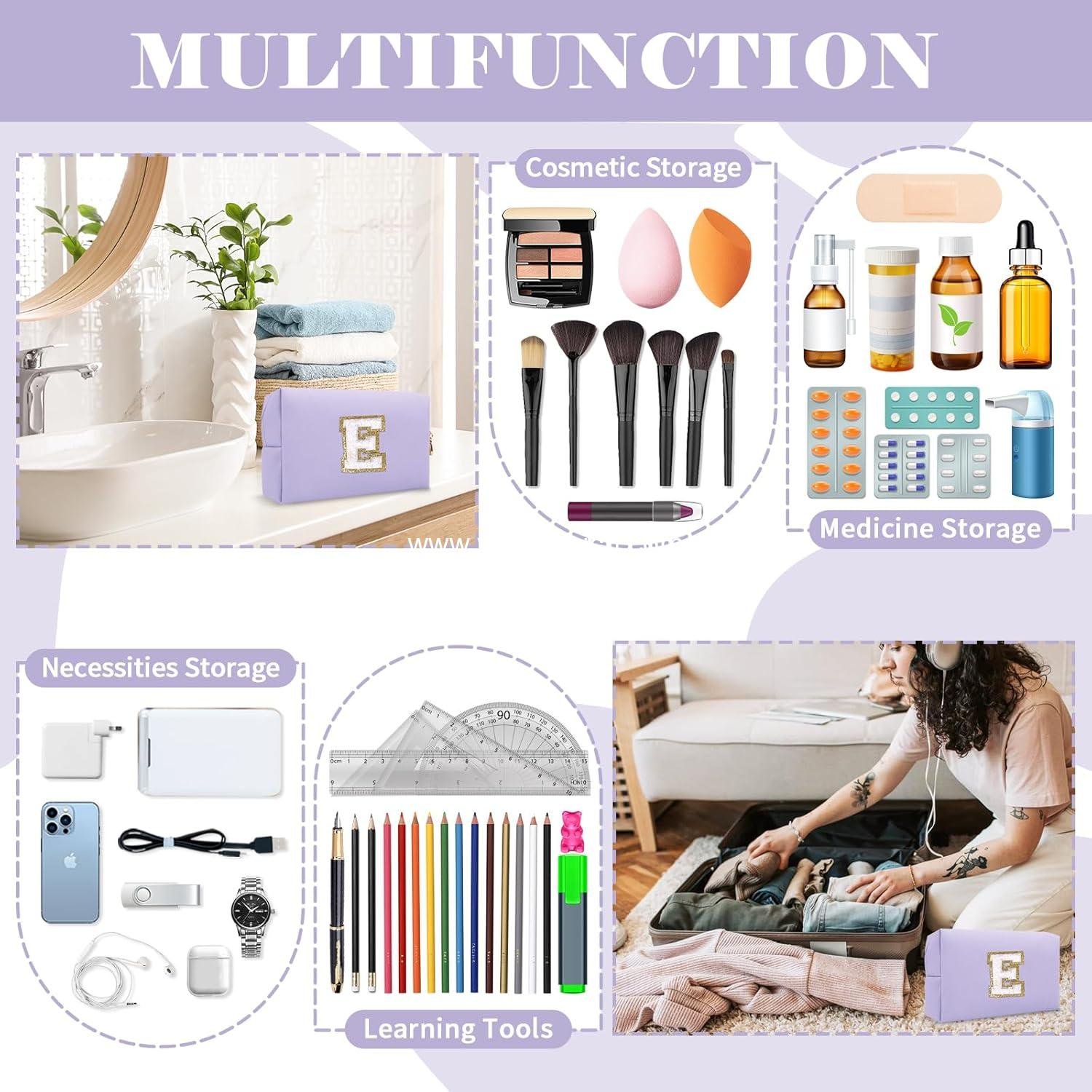 OEM Personalized Makeup Bag Initial A-Z Preppy Patch Small PU Leather Travel Cosmetic Pouch with Zipper, Purple Cute Toiletry Bag Ideal Gift for Teen Girls Women Birthday Friend Mom, Factory