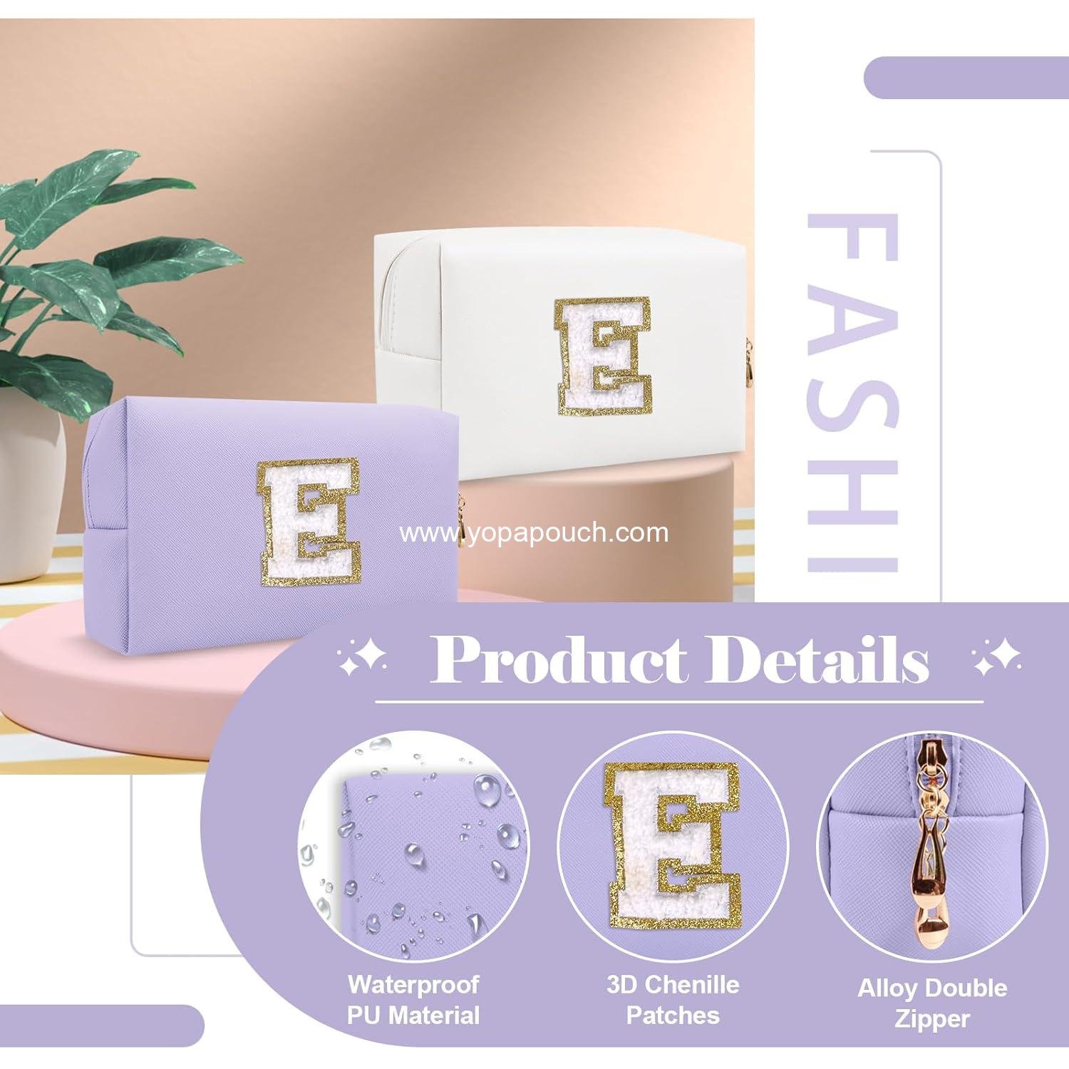 OEM Personalized Makeup Bag Initial A-Z Preppy Patch Small PU Leather Travel Cosmetic Pouch with Zipper, Purple Cute Toiletry Bag Ideal Gift for Teen Girls Women Birthday Friend Mom, Factory