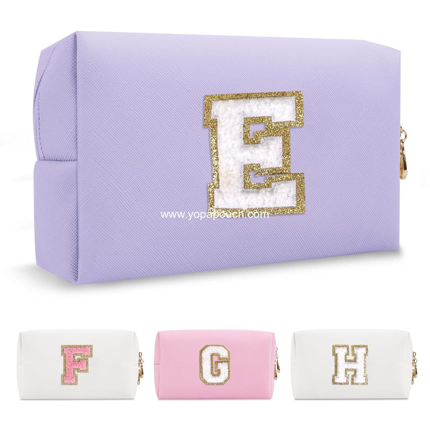 Personalized Makeup Bag Initial A-Z Preppy Patch Bag,Small PU Leather Travel Cosmetic Bag Pouch with Zipper,Purple Cute Toiletry Bag,Gift Ideal for Teen Girls Women Birthday Friend Mom,Latter E