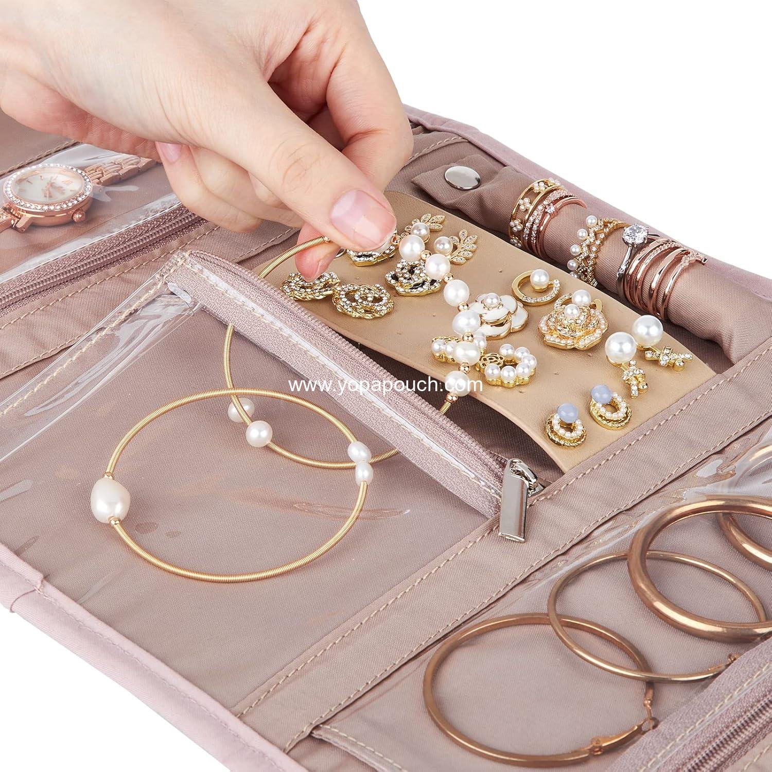 OEM Travel Jewelry Case Organizer Medium Foldable Storage Roll for Earrings Necklaces Rings Bracelets Brooches Pink Supplier OEM Travel Jewelry Case Organizer Medium Foldable Storage Roll for Earrings Necklaces Rings Bracelets Brooches Pink Supplier