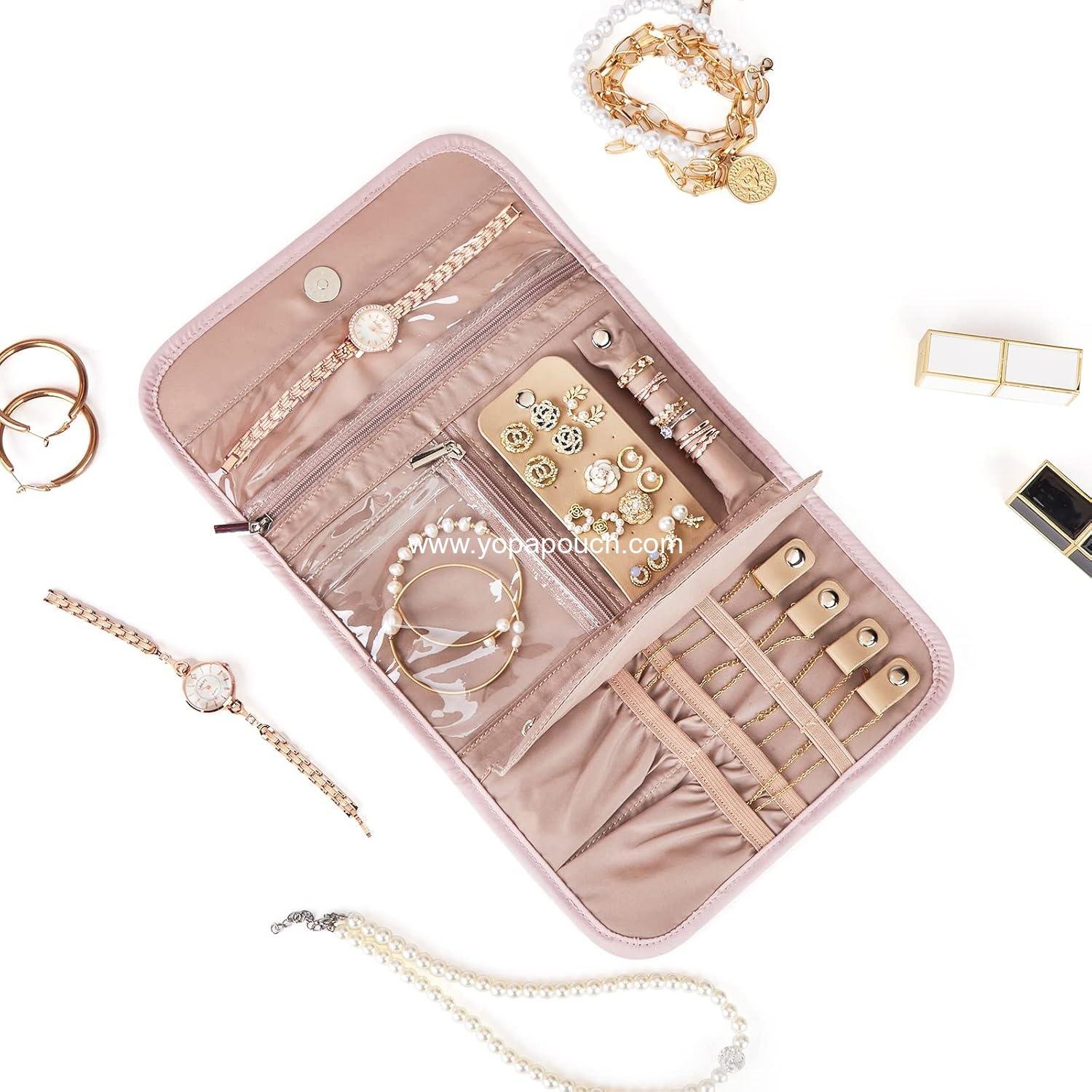 OEM Travel Jewelry Case Organizer Medium Foldable Storage Roll for Earrings Necklaces Rings Bracelets Brooches Pink Supplier OEM Travel Jewelry Case Organizer Medium Foldable Storage Roll for Earrings Necklaces Rings Bracelets Brooches Pink Supplier