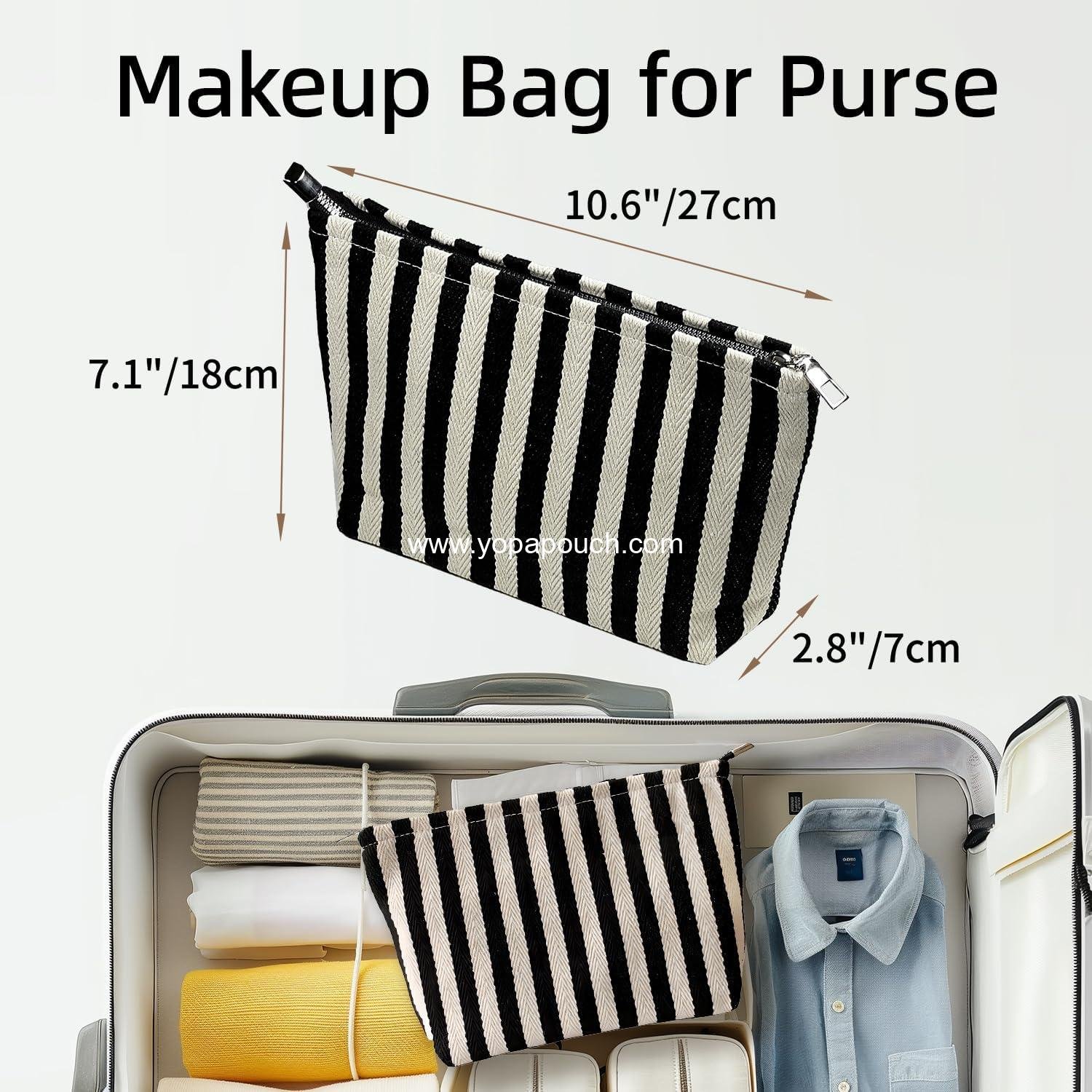 OEM Striped Makeup Bag for Women, Travel Pouch for Purse, Canvas Cosmetic Bag with Zipper, Small Toiletry and Skincare Pouch, Sunscreen and Hygiene Organizer - Supplier