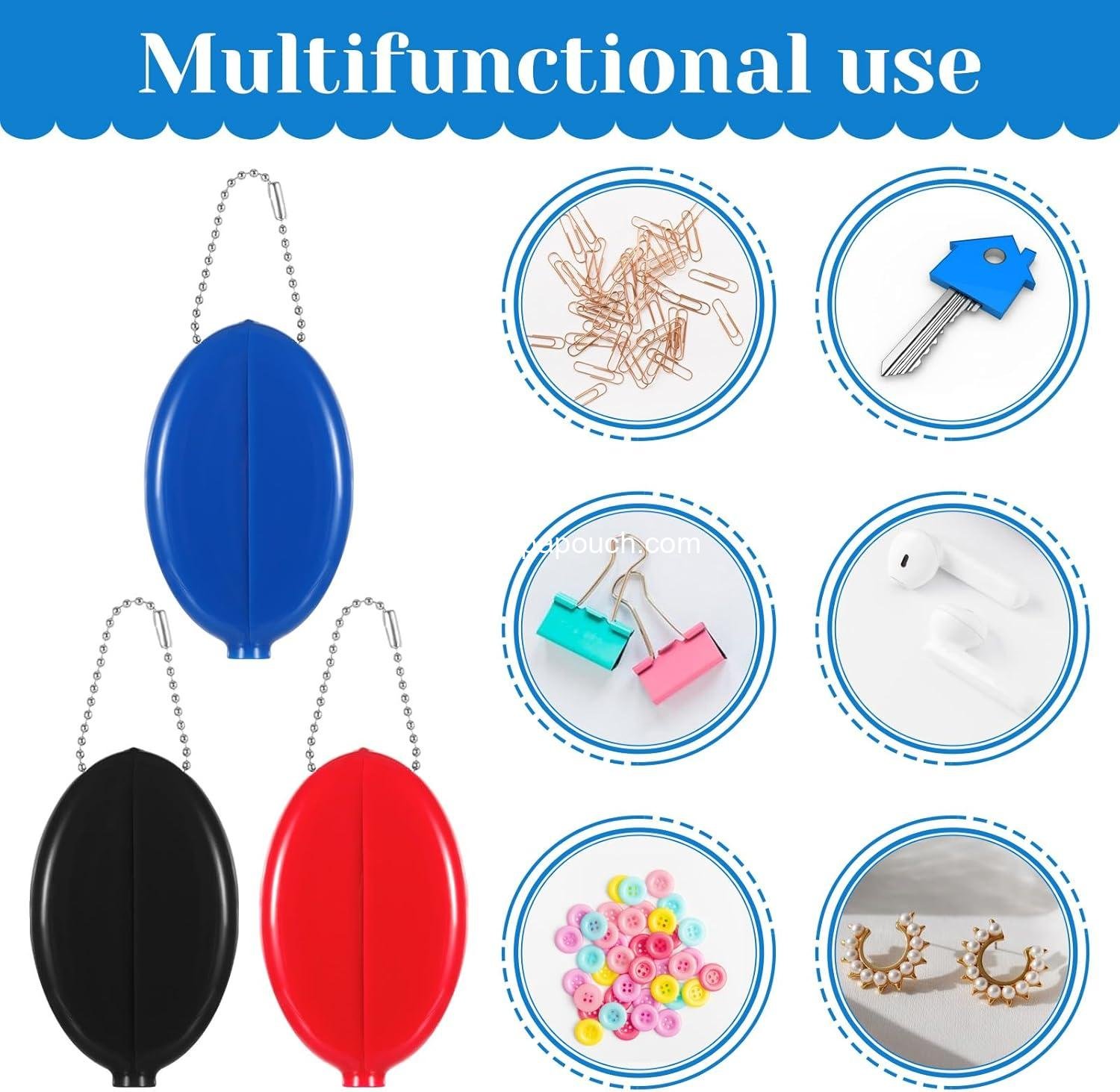 OEM 3 Pcs Oval Squeeze Coin Purse - Portable 2x3 Inch Rubber Coin Purse with Chain for Men and Women - Ideal for Travel (3 Colors) Supplier