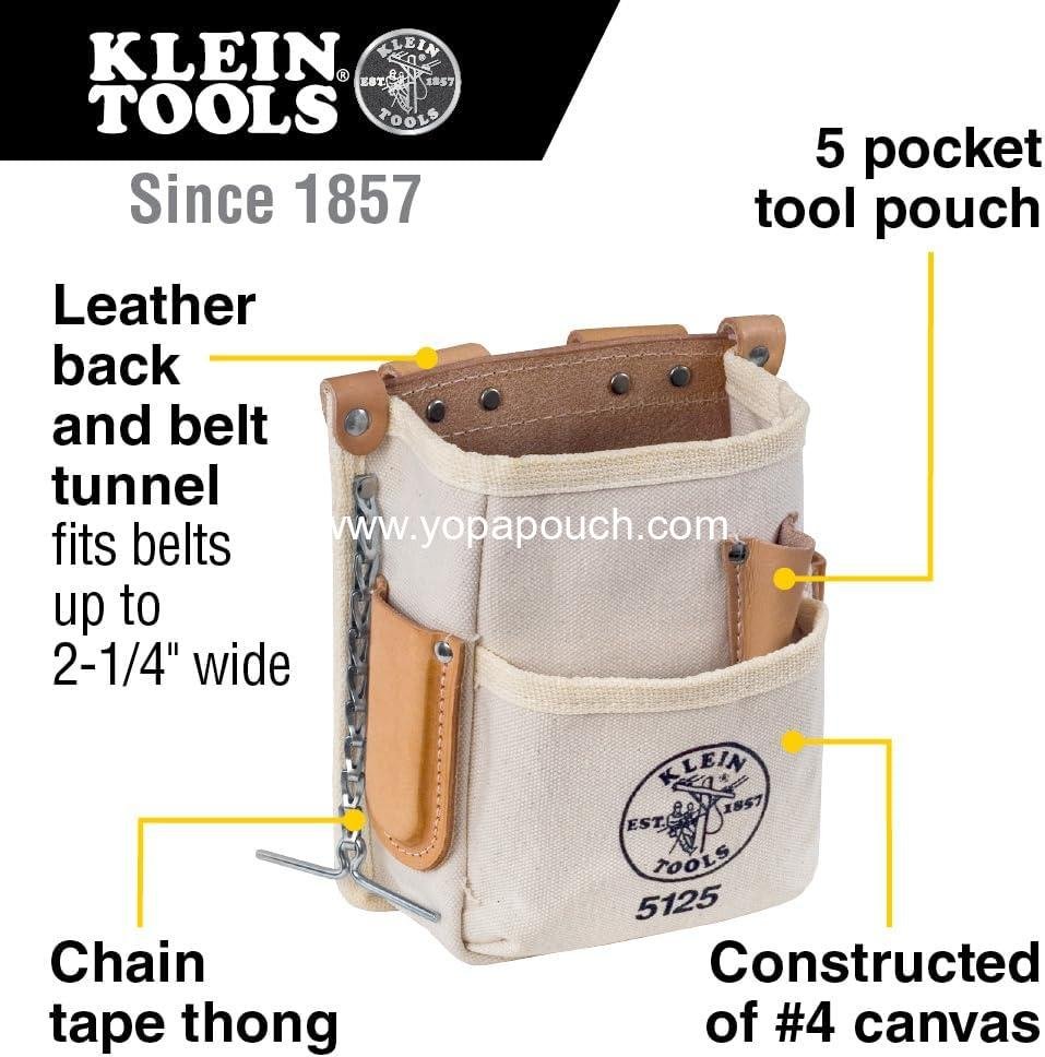 Wholesale 5-Pocket Canvas and Leather Tool Pouch with Chain Tape Thong and Tunnel Belt Connection - Supplier