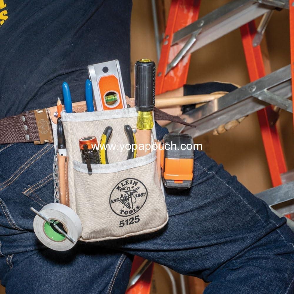 Wholesale 5-Pocket Canvas and Leather Tool Pouch with Chain Tape Thong and Tunnel Belt Connection - Supplier