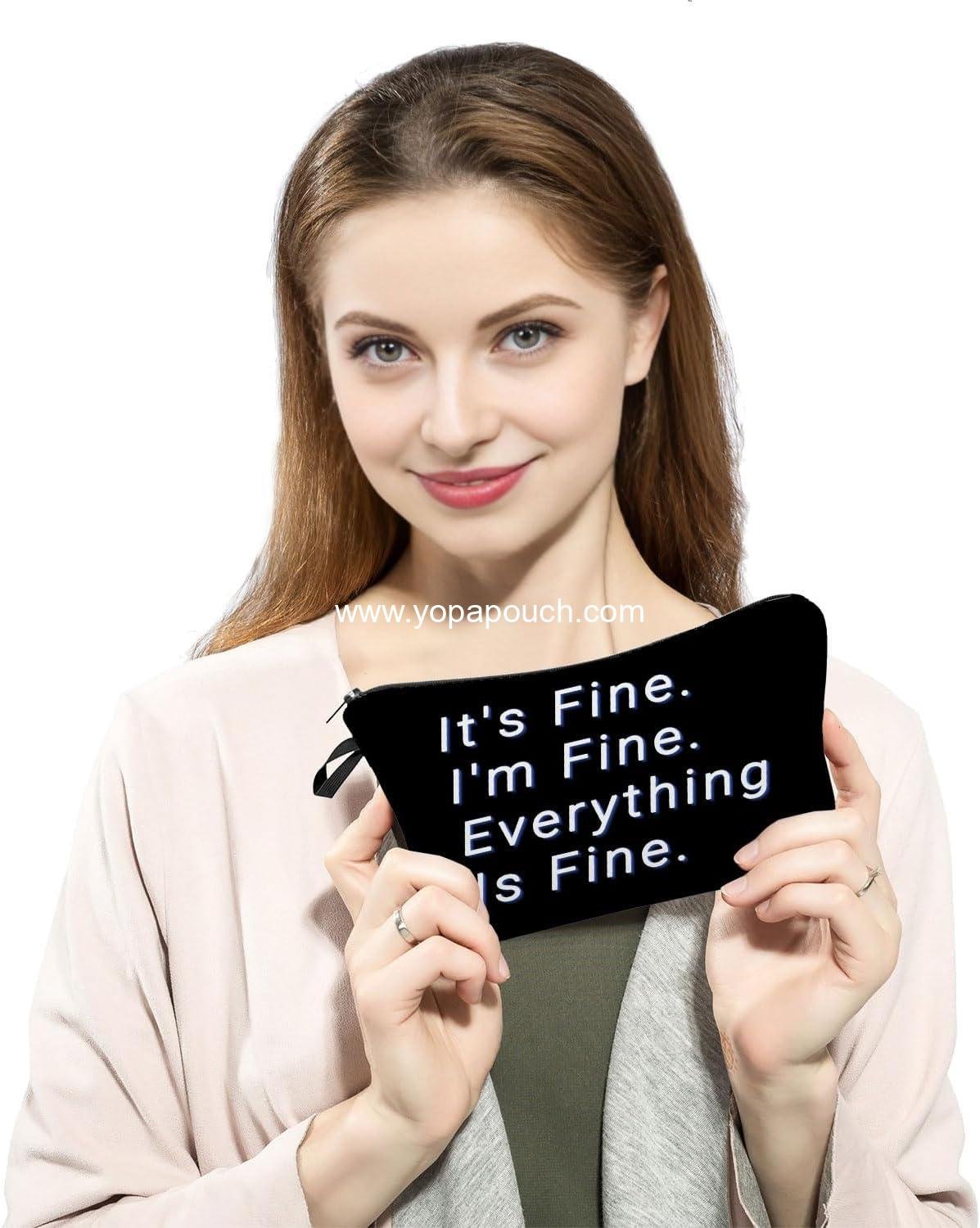 Wholesale Simple Letter Makeup Bag Black Cute Organizer Pouch Toiletry Zipper Cosmetic Bag It's Fine I'm Fine Birthday Gift for Women Friends Sisters BFF Supplier Wholesale Simple Letter Makeup Bag Black Cute Organizer Pouch Toiletry Zipper Cosmetic Bag It's Fine I'm Fine Birthday Gift for Women Friends Sisters BFF Supplier