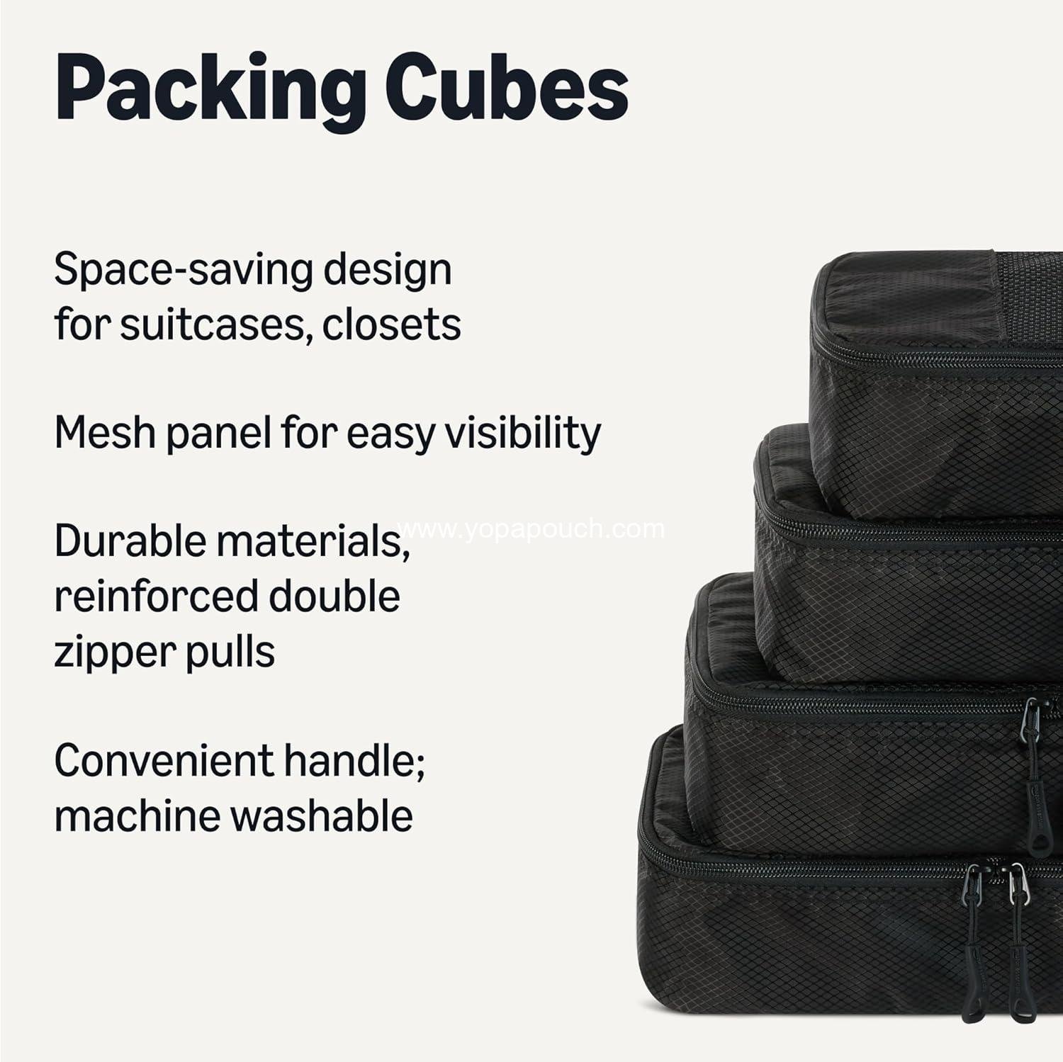 Wholesale 4-Piece Packing Cubes Travel Accessories Set, Luggage Organizer with Double Zipper and Mesh Top, 100% Polyester, Small, Black, Supplier