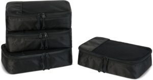 Amazon Essentials 4-Piece Packing Cubes Travel Accessories Set, Luggage Organizer with Double Zipper, Mesh Top, 100% Polyester, Small, Black (Previously Amazon Basics)