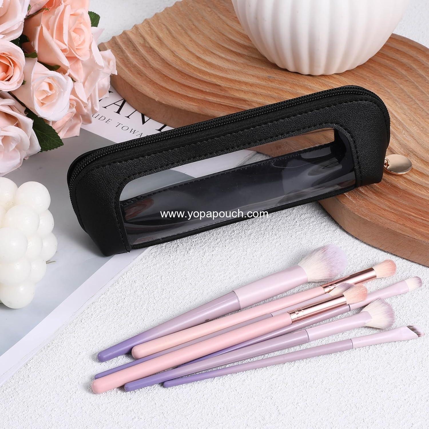 OEM Clear Makeup Bag PU Leather Mini Pouch Portable Waterproof Cosmetic Organizer with Zipper for Women Home Travel Office Makeup Storage (Black) Supplier