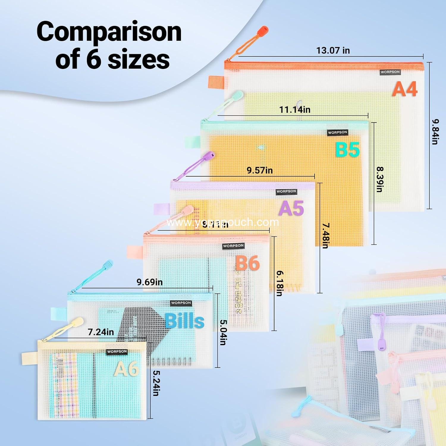 Wholesale EVA Frosted Mesh Zipper Pouch Bags, 18 Pcs in 6 Sizes and 6 Colors, Waterproof Pouches for Travel, School Supplies, Office, and Home Organization - Supplier