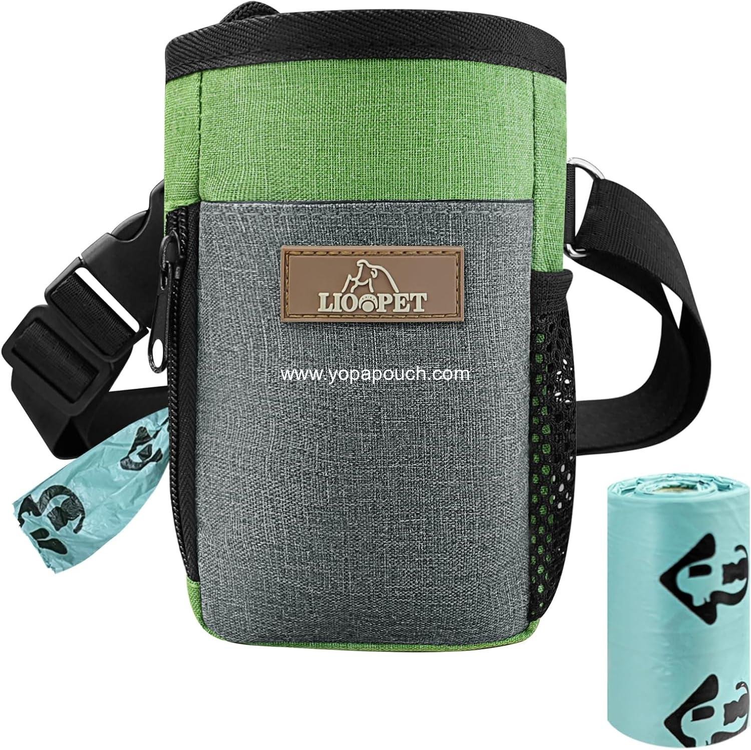 Dog Treat Pouch - Fashionable Green&Grey Design - Large Capacity Dog Treat Bag for Dog Walks, Outdoor Activities, Travel and Training - Includes 1 Poop Bags, Small