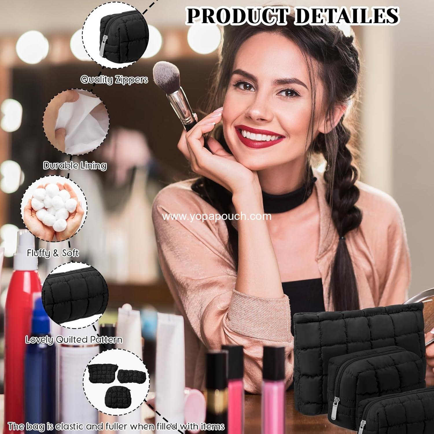 OEM 3 Pcs Cute Checkered Puffy Makeup Bag Quilted Cosmetic Pouch for Women Travel Toiletry Organizer Zipper Pouch Preppy Pencil Case Supplier