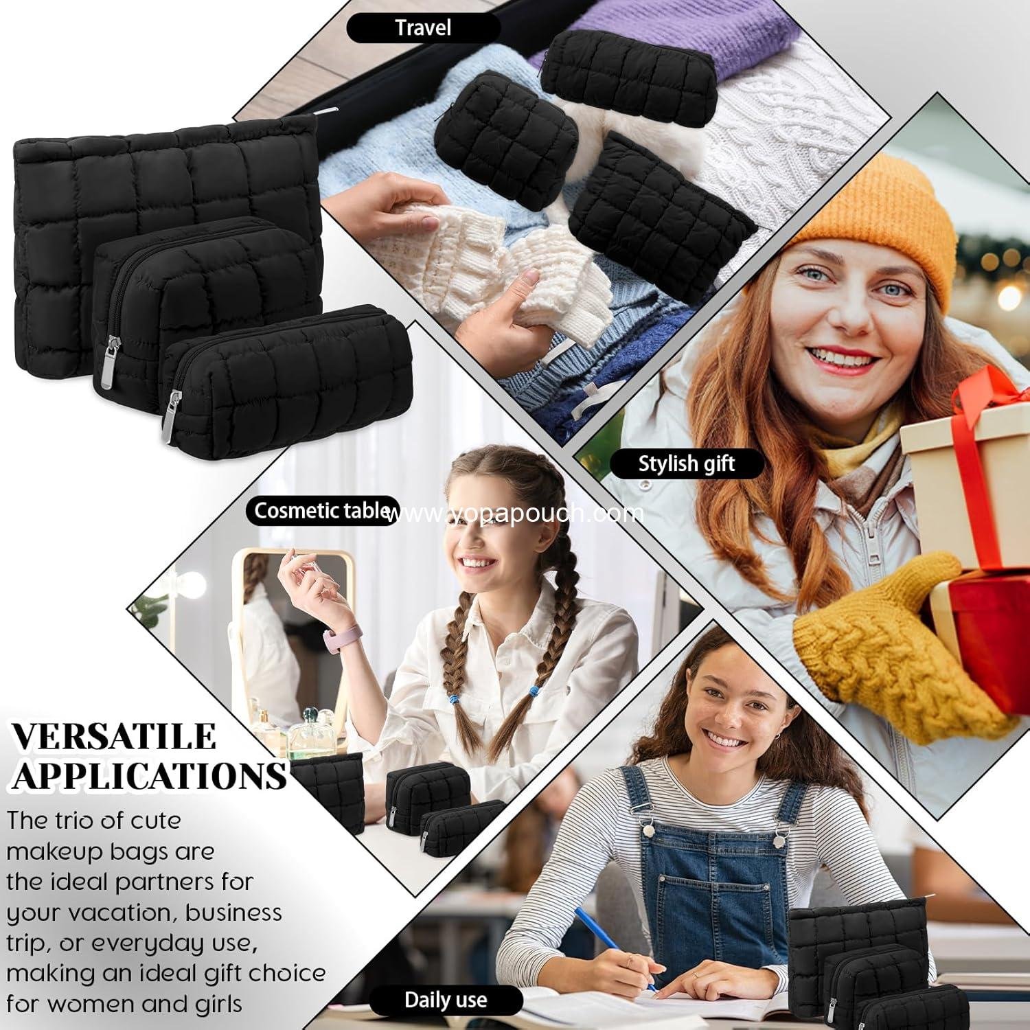 OEM 3 Pcs Cute Checkered Puffy Makeup Bag Quilted Cosmetic Pouch for Women Travel Toiletry Organizer Zipper Pouch Preppy Pencil Case Supplier