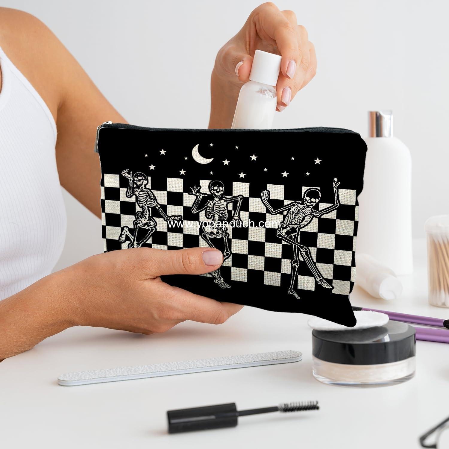 Wholesale Gothic Horror Skeleton Black Makeup Bag Cosmetic Pouch for Women - Spooky Gifts Factory