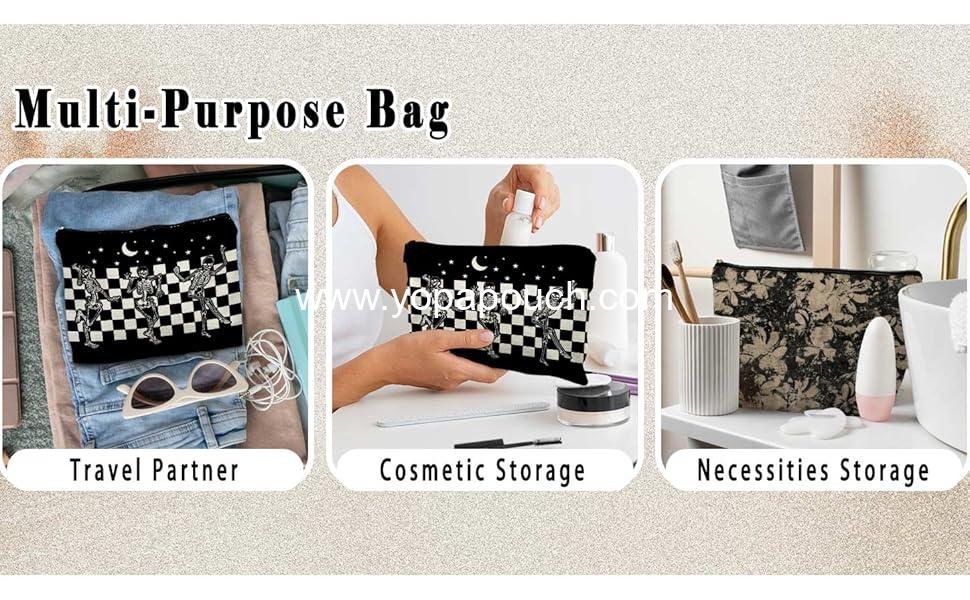 Wholesale Gothic Horror Skeleton Black Makeup Bag Cosmetic Pouch for Women - Spooky Gifts Factory