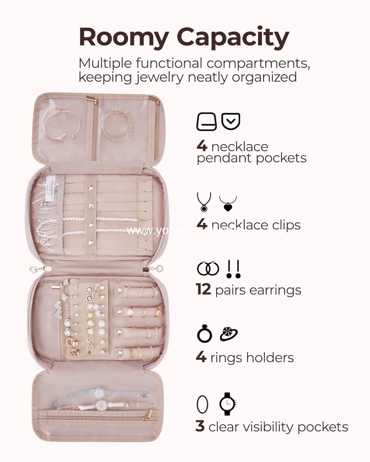 Wholesale Large Travel Jewelry Organizer Case for Necklace, Earrings, Rings, and Bracelets - Soft Pink Supplier