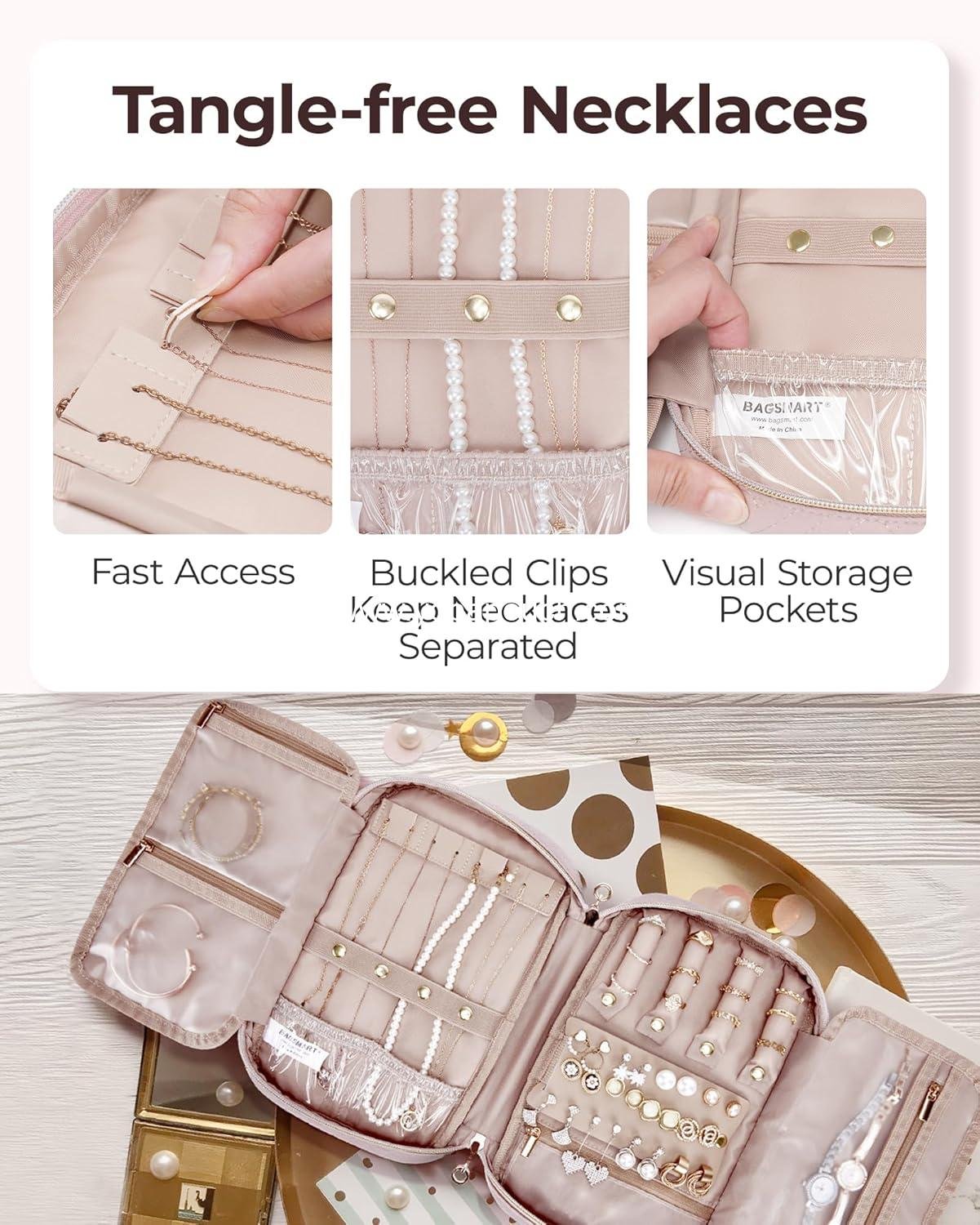 Wholesale Large Travel Jewelry Organizer Case for Necklace, Earrings, Rings, and Bracelets - Soft Pink Supplier