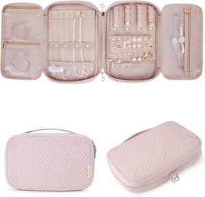 BAGSMART Jewelry Organizer Case Large Travel Jewelry Storage Bag for Necklace, Earrings, Rings, Bracelet, Soft Pink