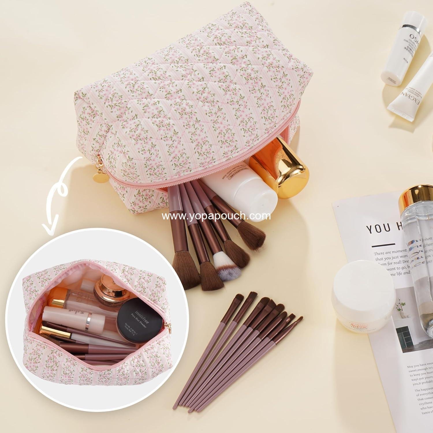 Wholesale Small Floral Makeup Bag - Quilted Cotton Travel Toiletry Pouch for Women, Cute Cosmetic Purse, Emergency School Accessory, Pastel Pink Supplier