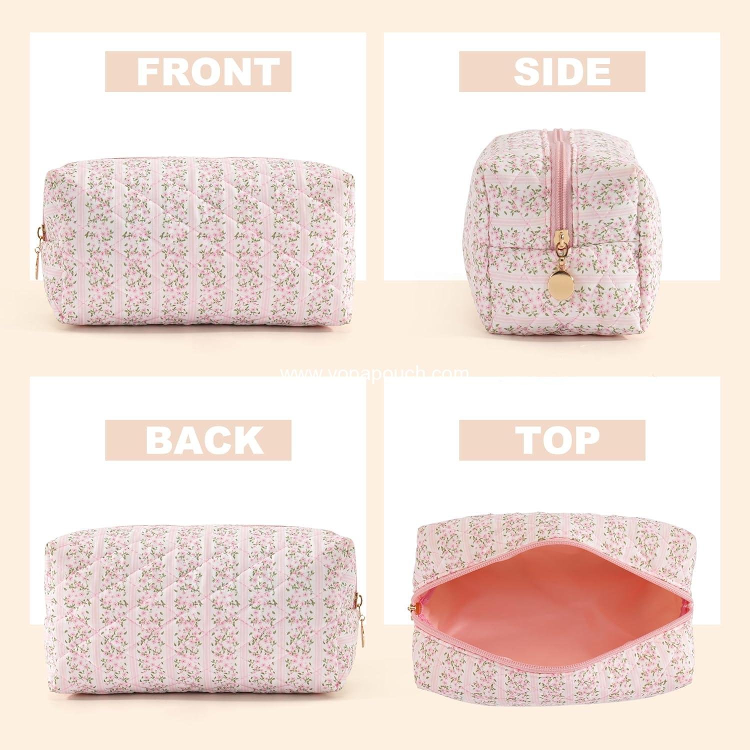 Wholesale Small Floral Makeup Bag - Quilted Cotton Travel Toiletry Pouch for Women, Cute Cosmetic Purse, Emergency School Accessory, Pastel Pink Supplier